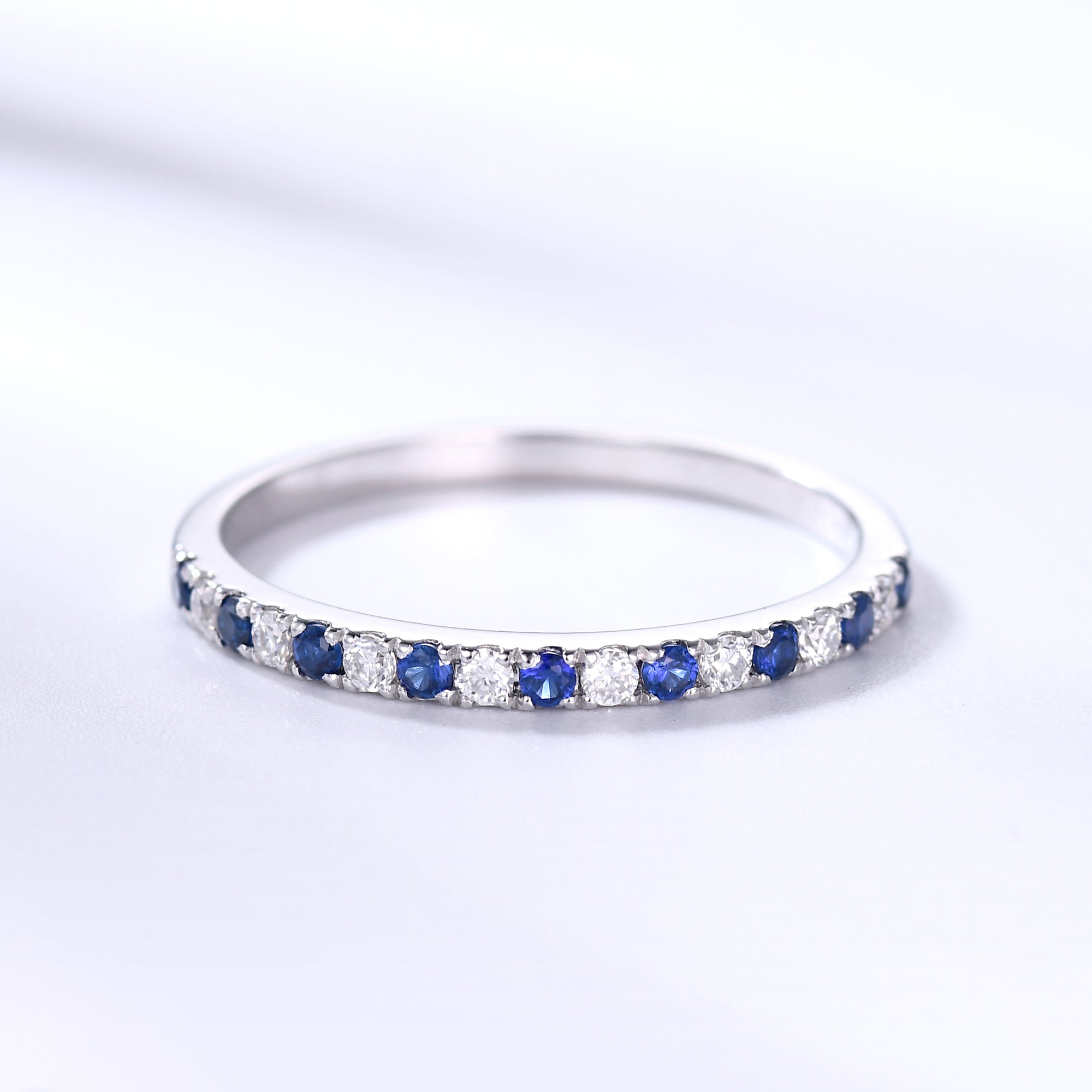 Natural Blue Sapphire Diamond Wedding Ring - 14K White Gold Anniversary Band for Women - Elegant Stackable Ring for Bridal, Engagement, or Everyday Wear