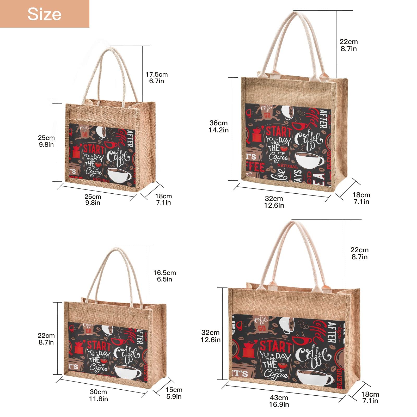 Eco-Friendly Coffee Pattern Jute Tote Bag - Waterproof Burlap Straw Grocery Shopping Bag for Women, Reusable Beach Tote for Travel, Picnic & Farmers Market