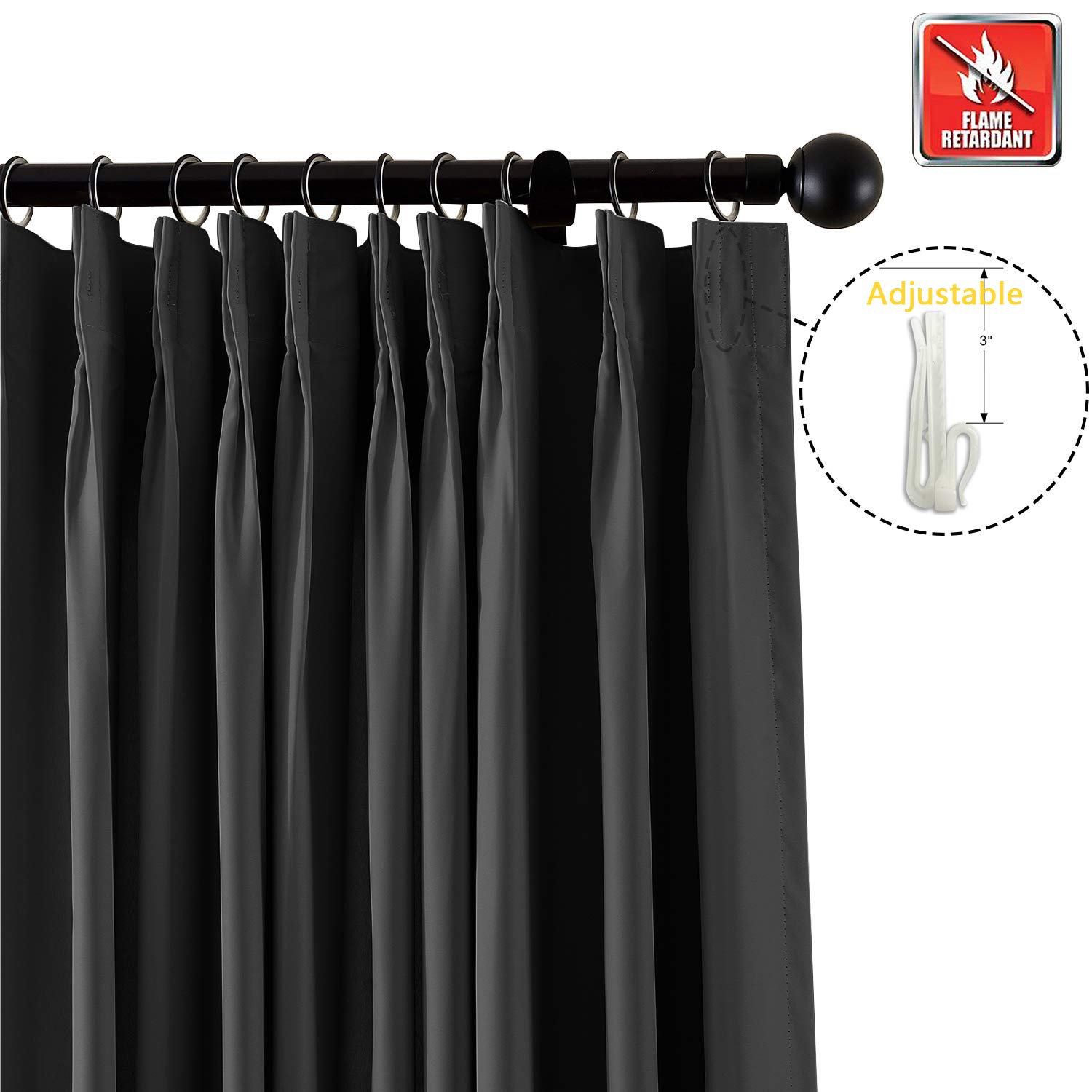 TWOPAGES Flame Retardant Blackout Thermal Insulated Curtains - Wide Width Fire Resistant Window Drapes for Classroom, Bedroom & Office (Black, 1 Panel, 120 x 84 Inches) - Noise Reduction & Energy Saving Window Treatment