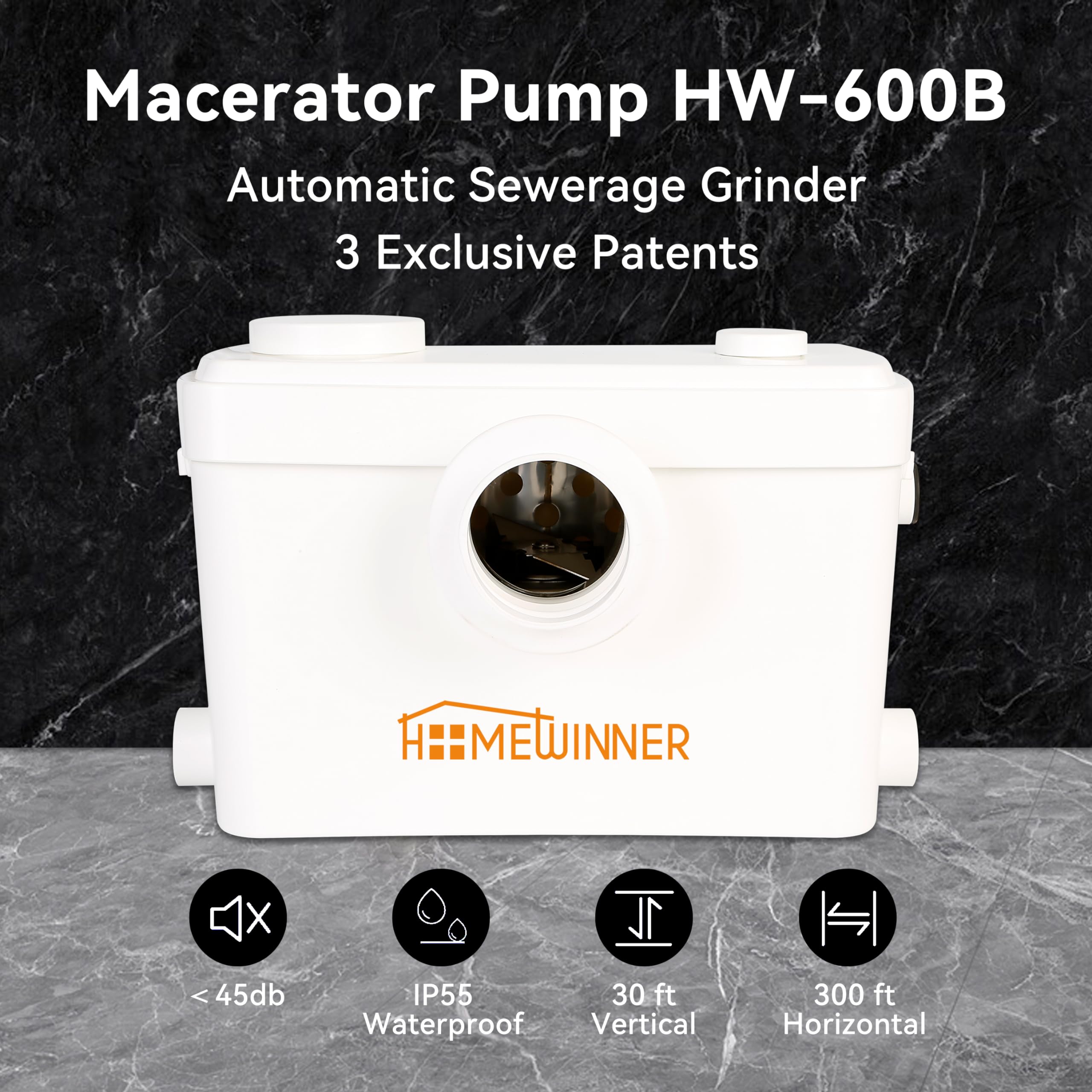 600W Macerator Pump System - Upflush Toilet Sewage Grinder for Basement, RV & Marine Use | Handles Waste from Bathroom, Shower, Laundry Sink (Up to 30ft) | Ideal for Off-Grid Homes, Tiny Houses & Boats