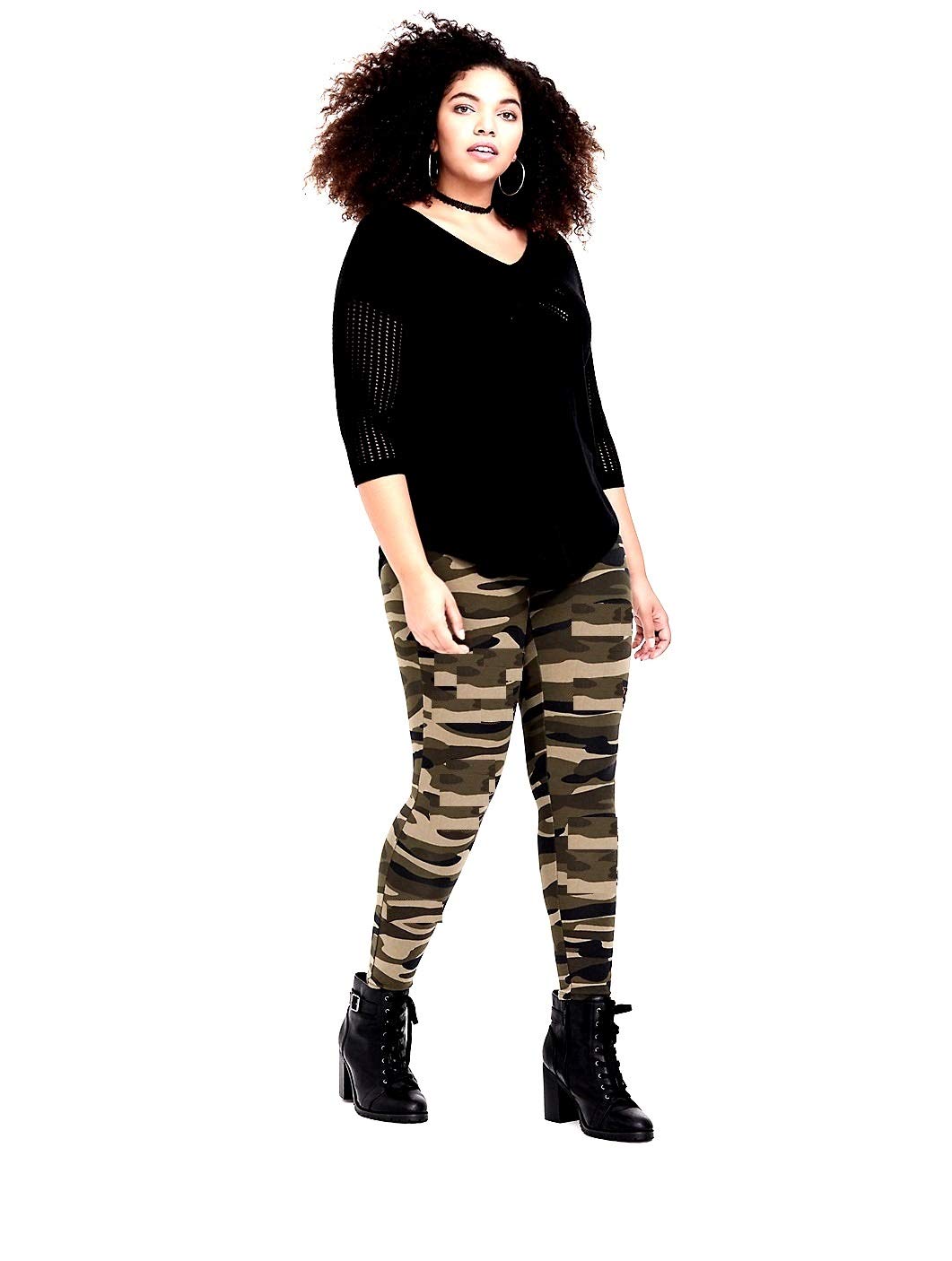 D7 Women's Plus Size Camo High Waist Leggings - Army Green Camouflage Yoga Pants for Workout, Running & Casual Wear