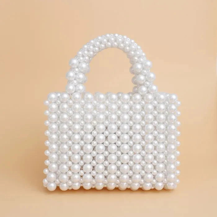 Elegant White Pearl Woven Handmade Square Top Handle Bag for Women - Perfect for Weddings, Parties & Special Occasions