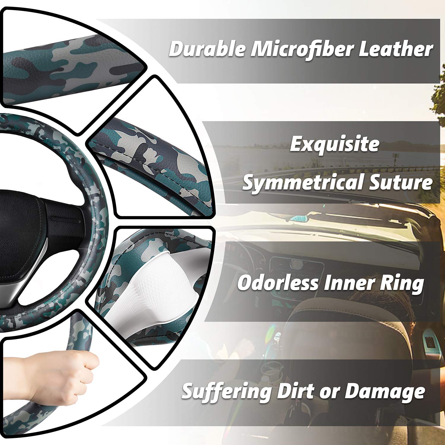 Evankin 15 Inch Green Camo PU Leather Steering Wheel Cover - Universal Fit, Handmade & Non-Slip - Car Accessories for Men & Boys (Great for Off-Roading, Daily Commute & Truck Enthusiasts)