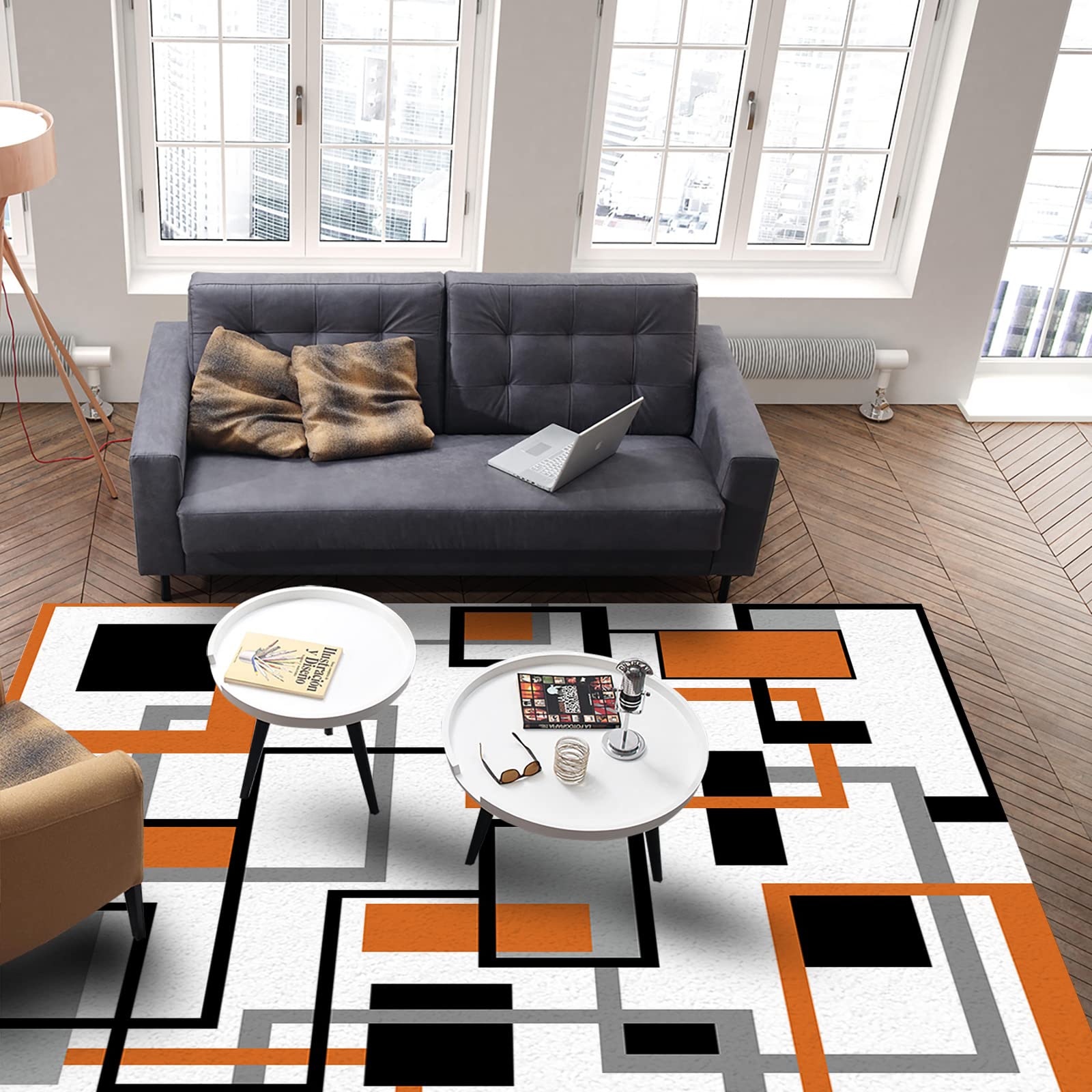 Orange Geometric Area Runner Rug 3'x5' - Washable Indoor Outdoor Carpet for Kitchen, Living Room, Bathroom, Bedroom | Retro Modern Abstract Mid-Century Design Floor Mat - Perfect for Entryway, Laundry Room & Classroom Decor