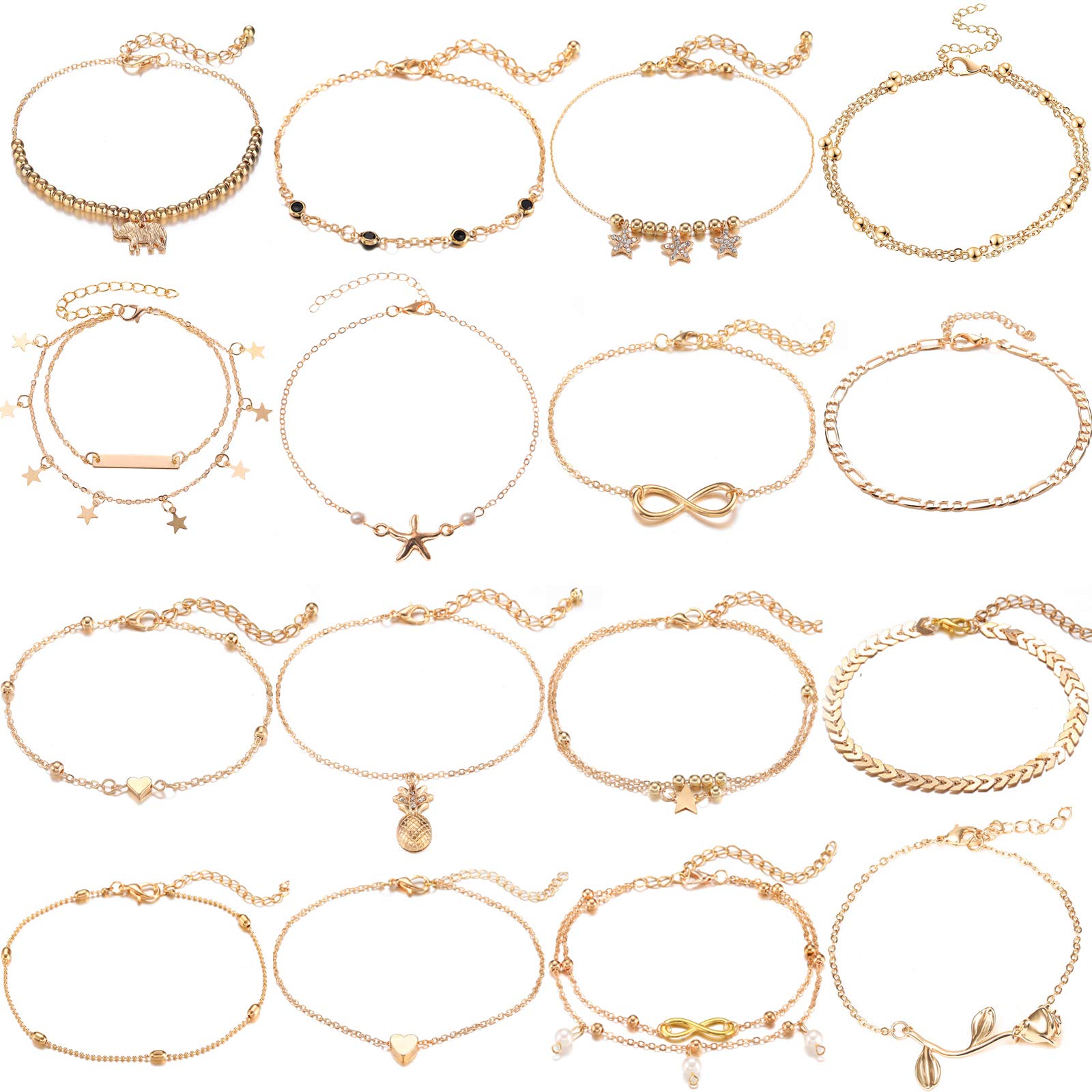 Starain 12pcs Women's Gold Charm Anklet Set - Adjustable Multilayer Boho Ankle Bracelets for Women & Girls | Perfect for Beach, Summer & Festival Outfits
