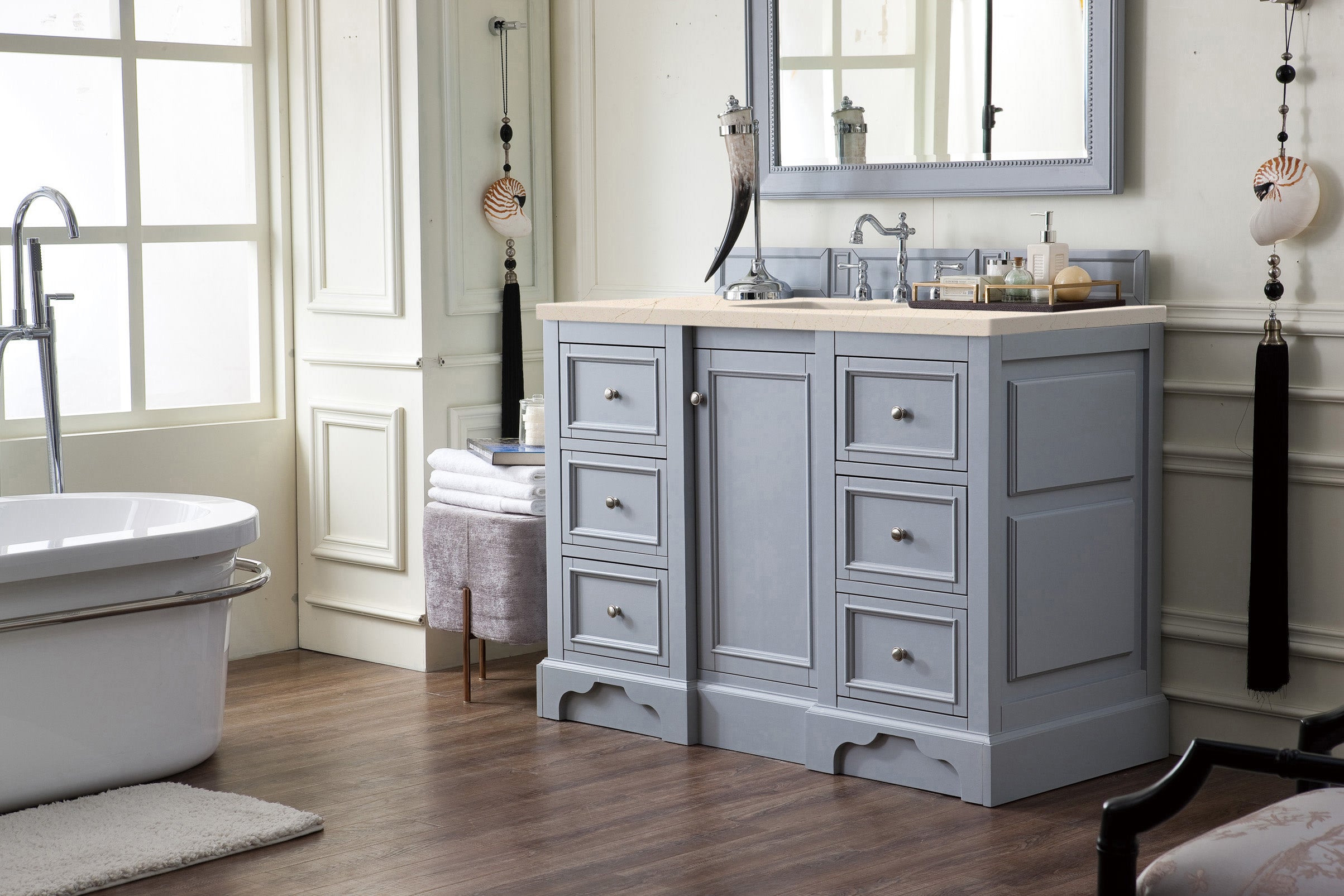 De Soto 48 Inch Single Bathroom Vanity in Silver Gray with 3CM Eternal Marfil Quartz Top – Perfect for Modern Bathroom Renovations & Small Space Designs