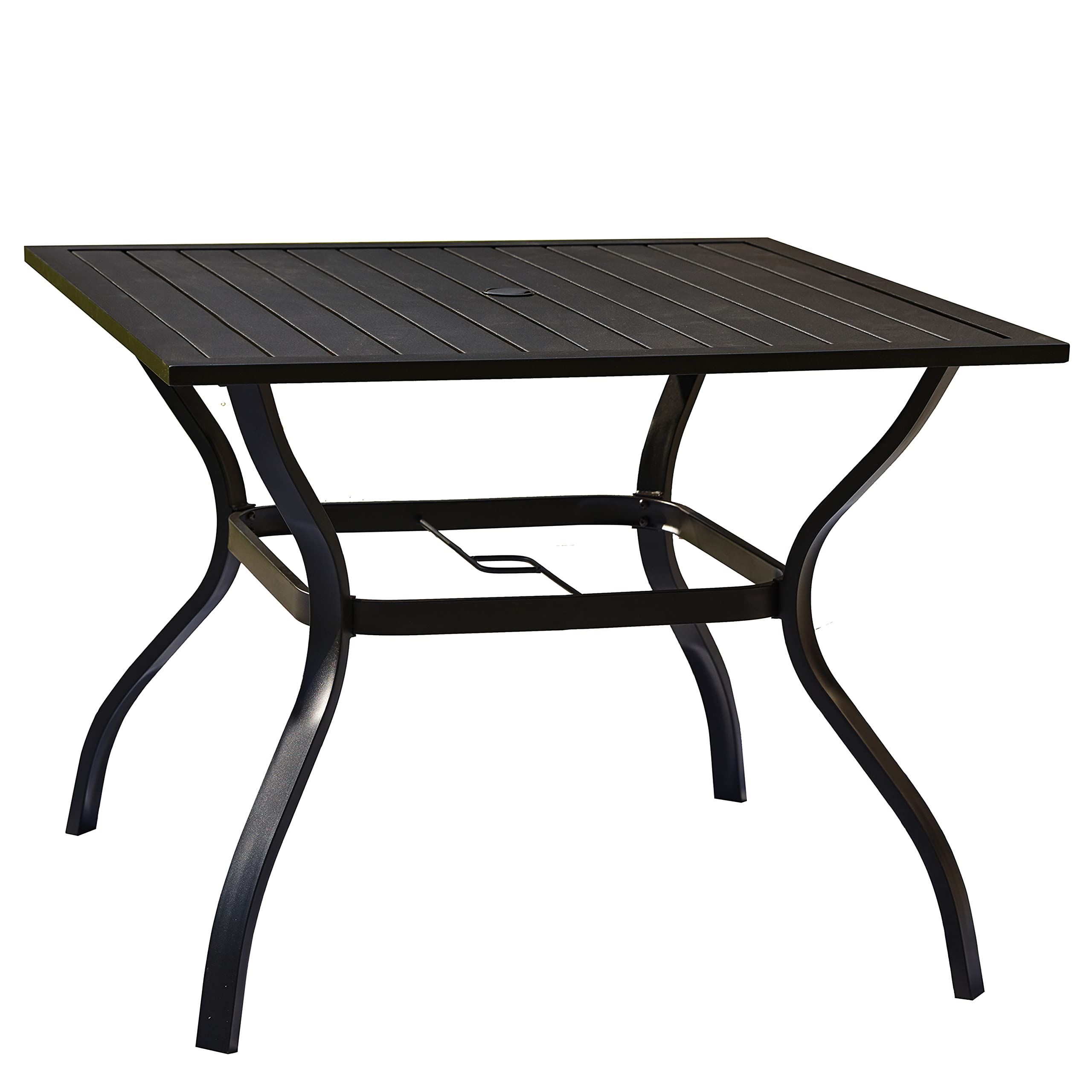 LOKATSE HOME 37 Inch Outdoor Square Bistro Table with Umbrella Hole - Black Metal Patio Dining Stand with Slatted Tabletop for Garden, Balcony & Backyard