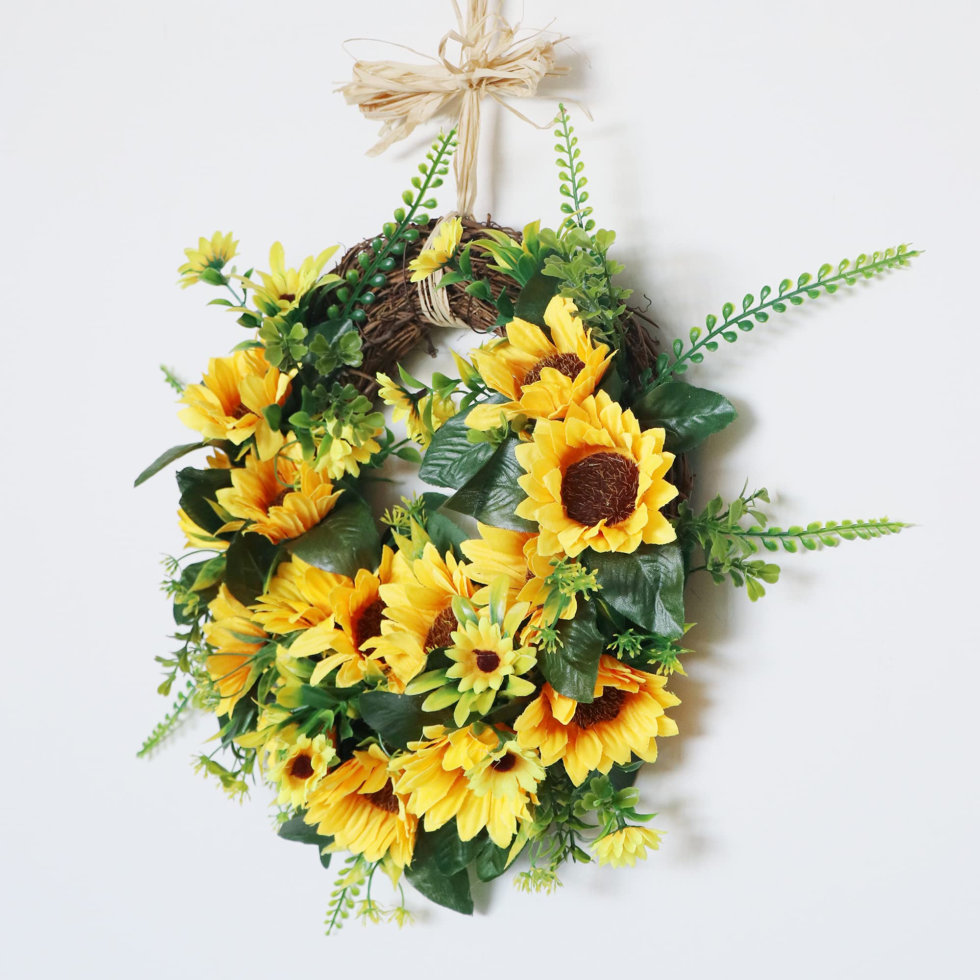 Ansuma Silk Sunflower Wreath - Rustic Farmhouse Decor with Buffalo Plaid Bow, Grapevine Rattan & Daisy Leaves for Front Door, Wall, Window - Perfect for Home Decor, Weddings & Seasonal Parties (001SF)