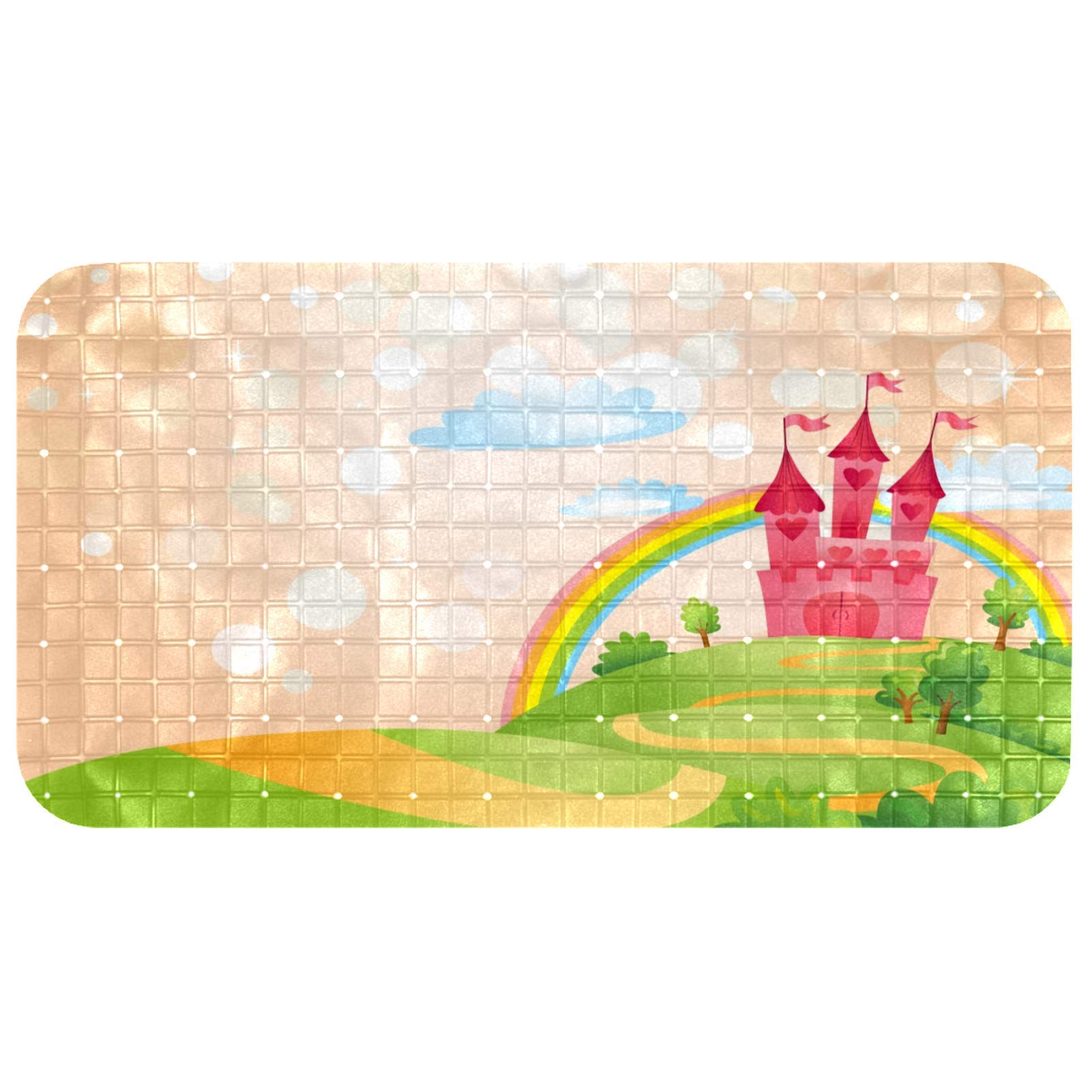 Non-Slip PVC Bathtub Mat with Suction Cups & Drainage Holes - 14.7x26.9 Inch Fairy Tale Castle Design Bathroom Rug for Shower, Tub & Kids' Bath Time Safety - Waterproof, Soft & Comfortable Floor Mat for Bathrooms, Nursery & Fantasy-Themed Decor