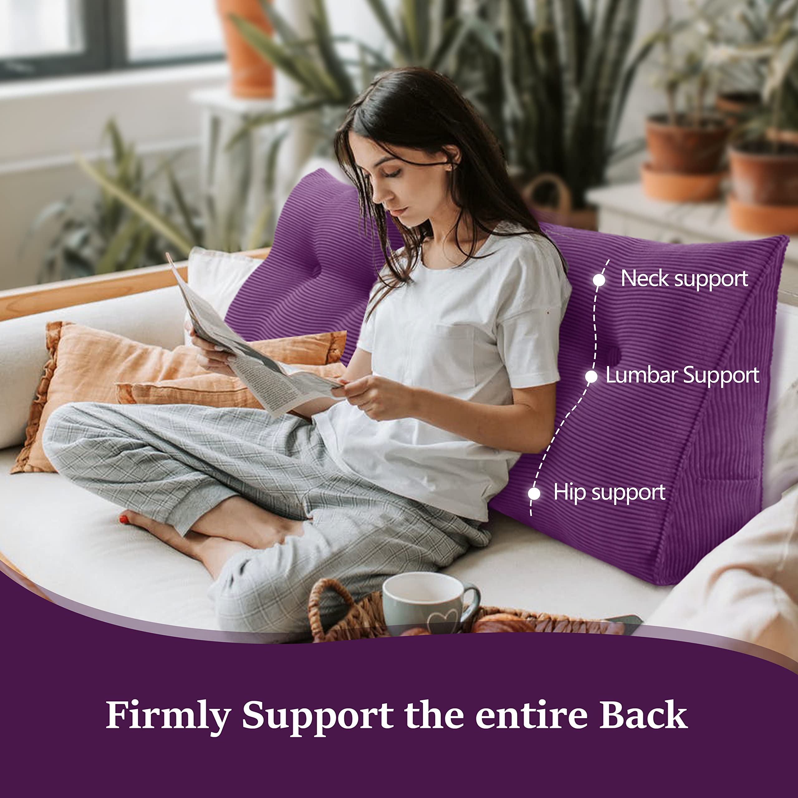 Wedge Pillow for Sitting in Bed - Orthopedic Reading Pillow with Back Support, Headboard & Body Positioning Cushion - Perfect for Adults, Daybeds & Sofas (Purple, Full Size) - Ideal for Reading, Watching TV & Post-Surgery Comfort