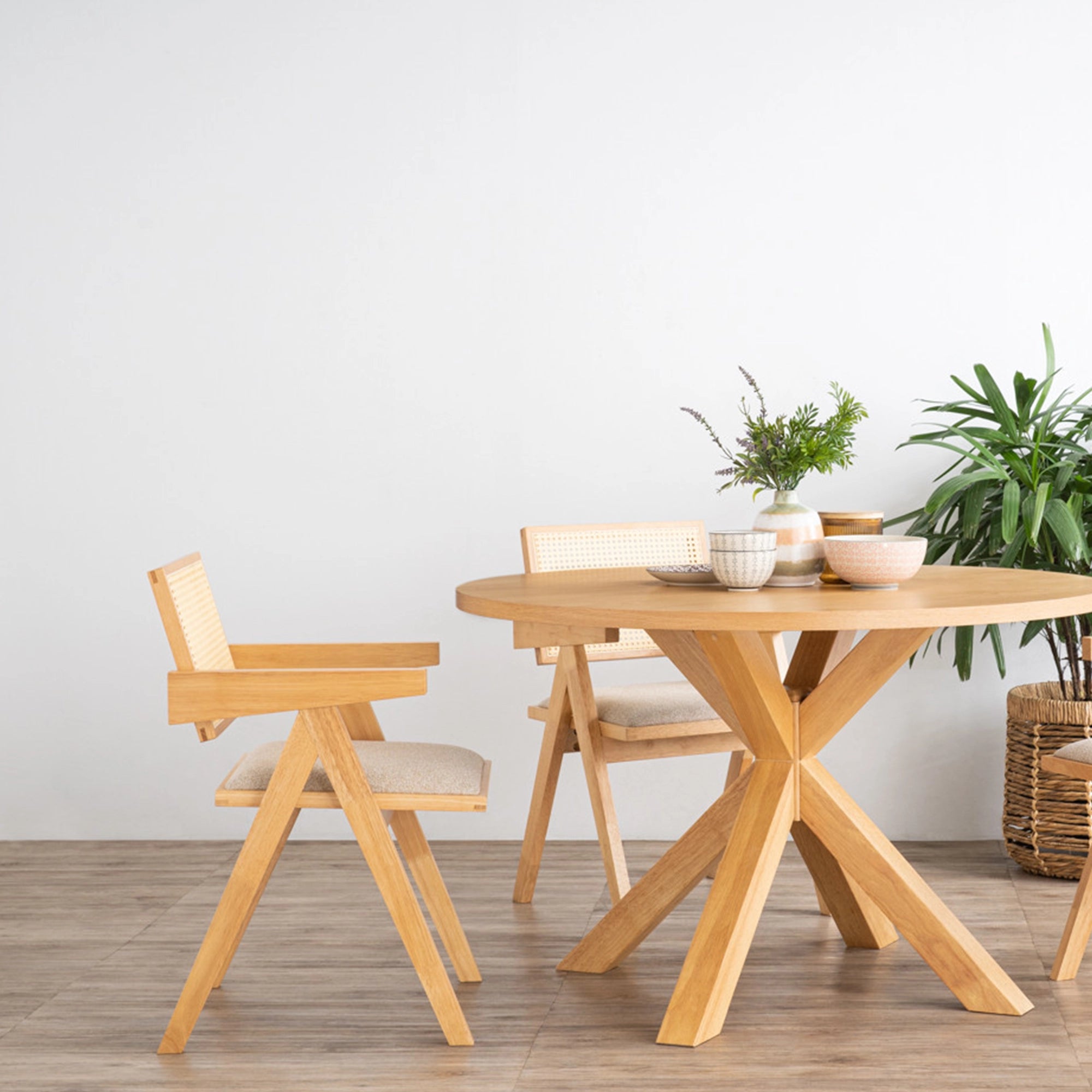 Nordic Rattan Dining Chair - Natural Wicker Seat with Cushion - Modern Boho Style for Indoor & Outdoor Use - Perfect for Patio, Garden, Dining Room, and Cafe Decor