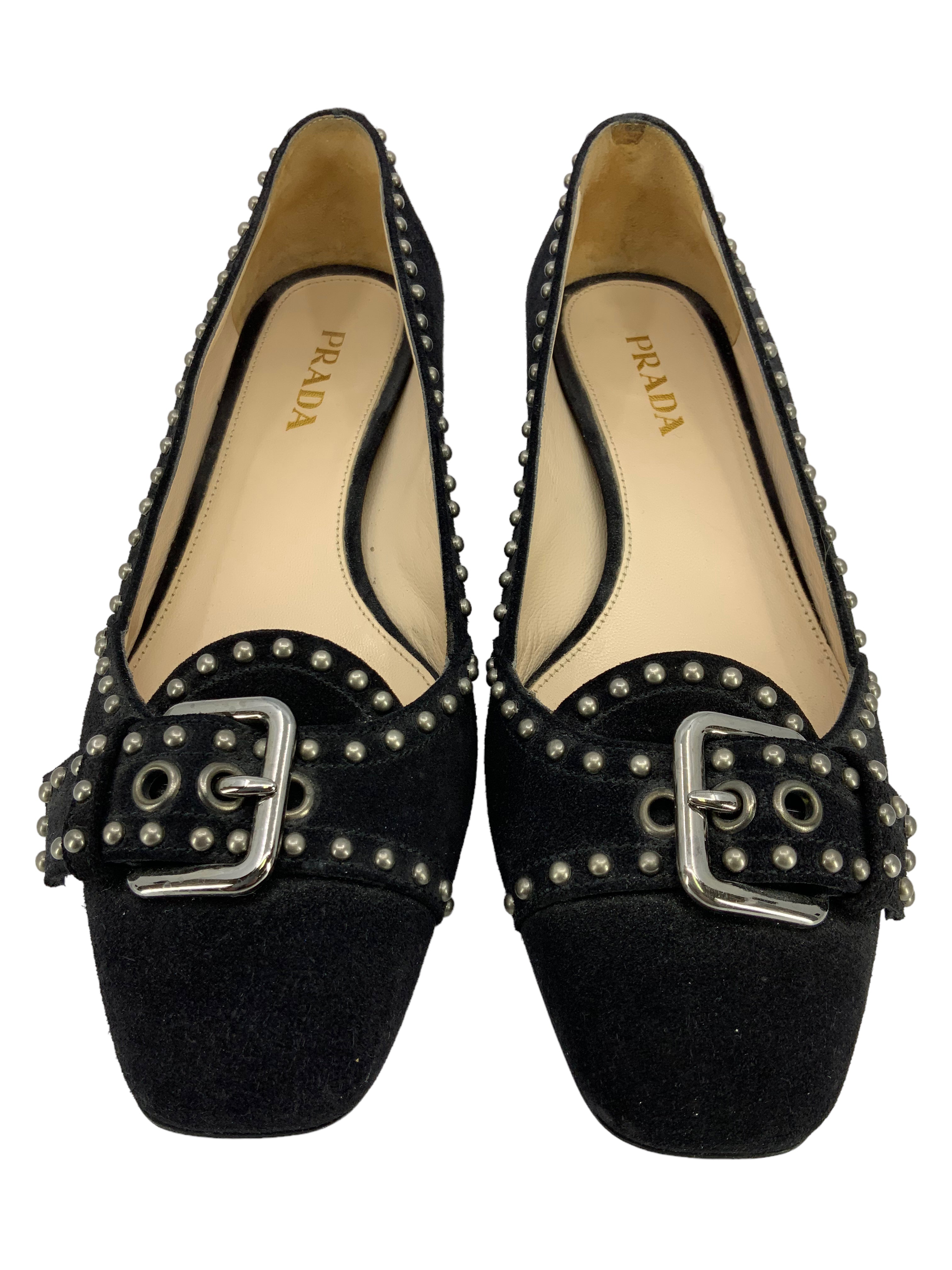 Prada Studded Suede Buckle Pumps Women's Size 8.5 - Luxury High Heels for Party, Wedding & Evening Events