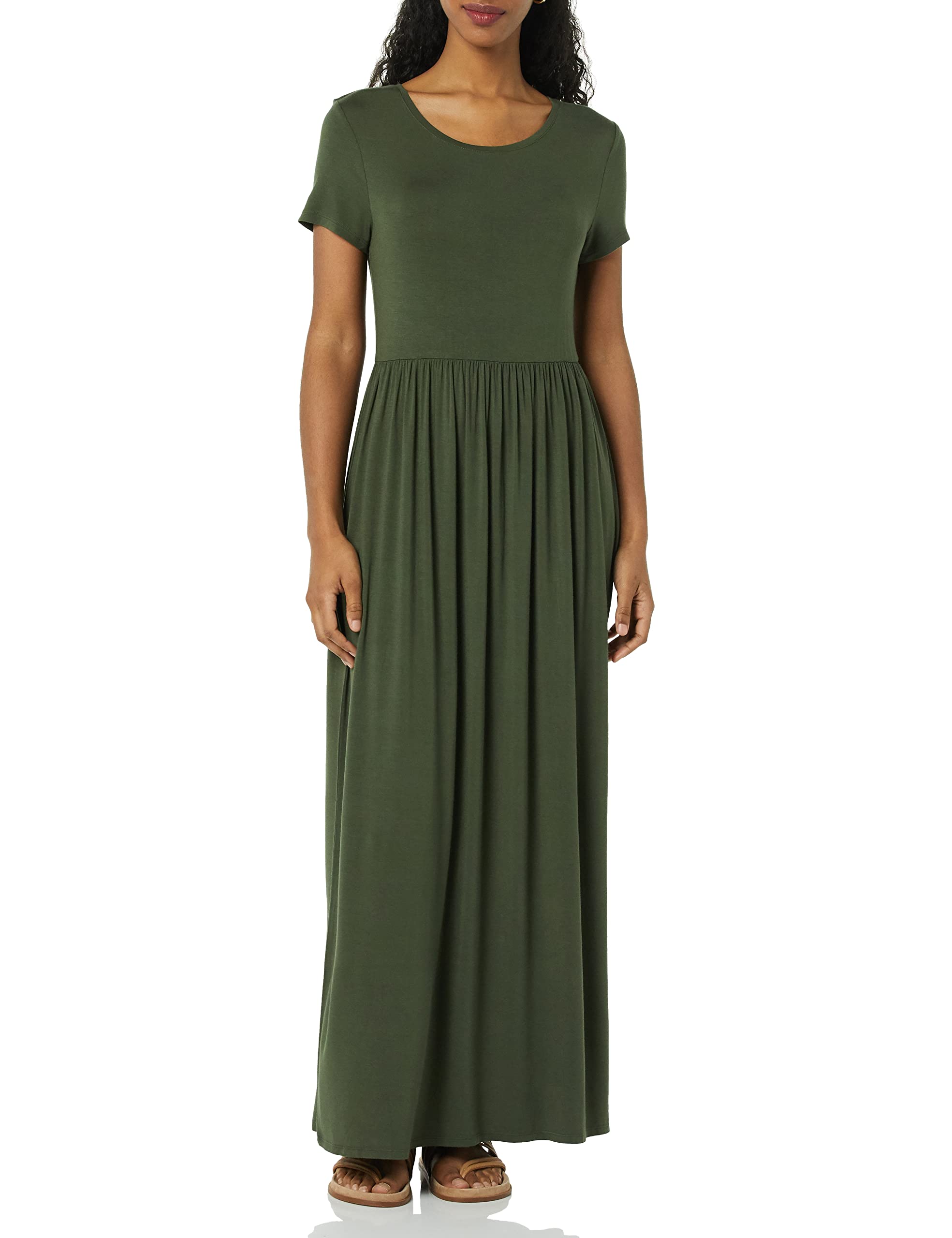 Amazon Essentials Women's Short-Sleeve Waisted Maxi Dress - Flowy Summer Dress with Elastic Waist for Beach, Vacation & Casual Wear | Plus Size Options Available