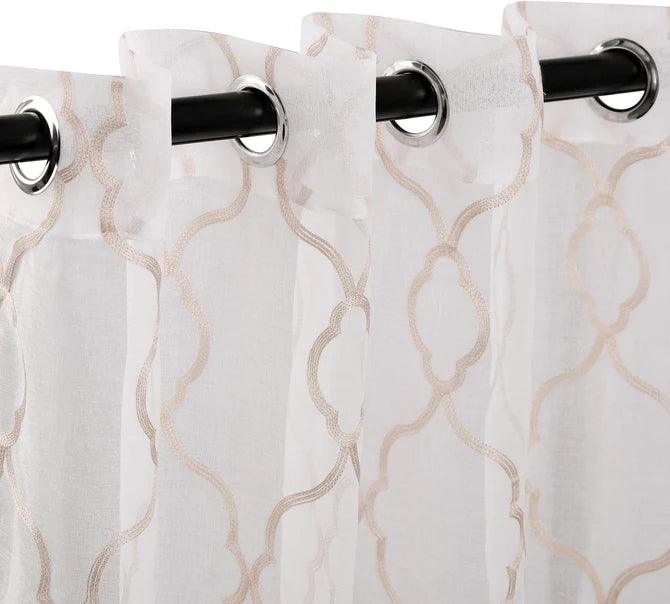 Embroidered Lattice Grommet Sheer Curtain Panel Set - Elegant Window Treatment for Living Room & Bedroom - Light Filtering & Privacy Sheers