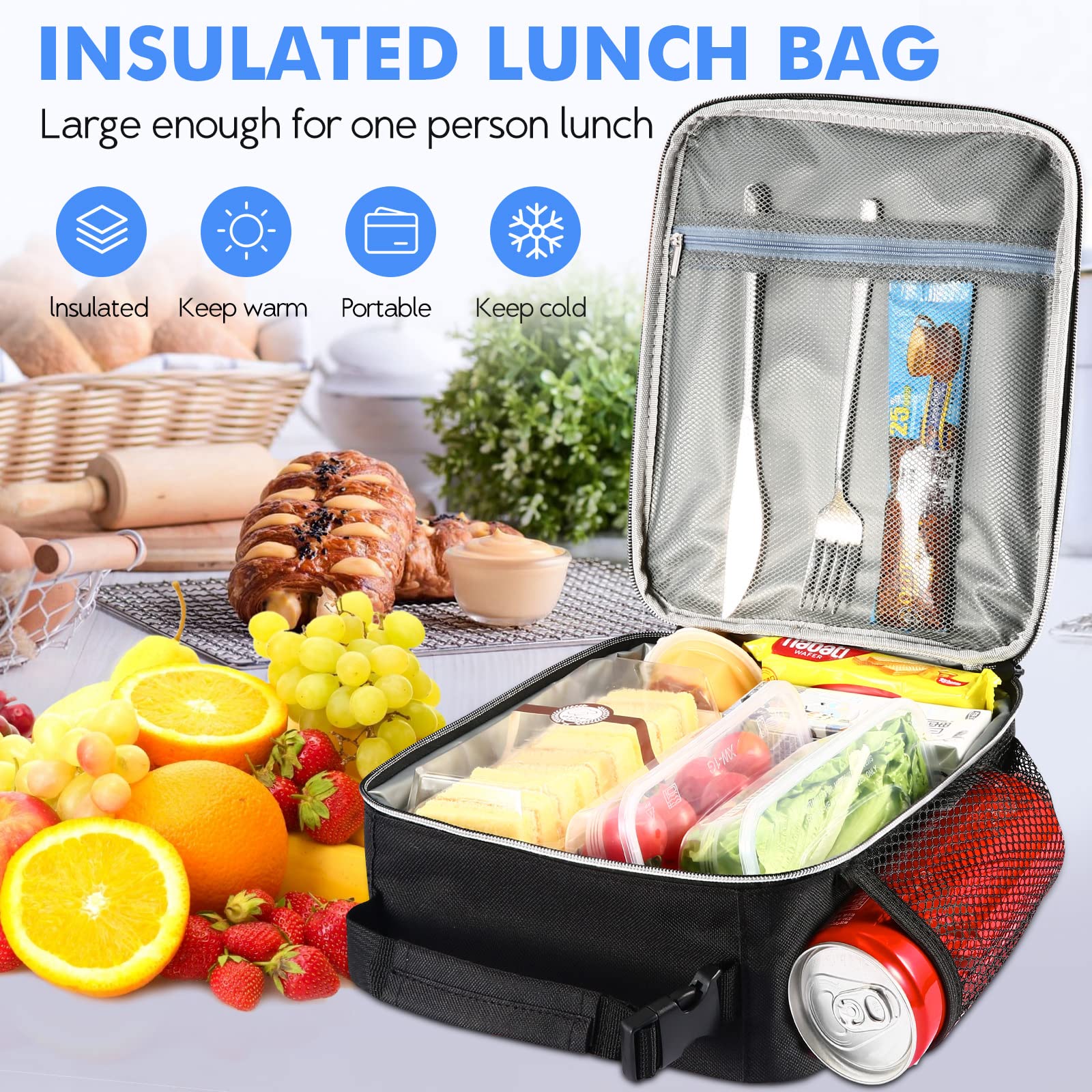 Insulated Lunch Box for Adults - Reusable & Durable Small Lunch Bag Tote for Men & Women (Black with Blue) | Perfect for Work, School, Picnics & Outdoor Activities