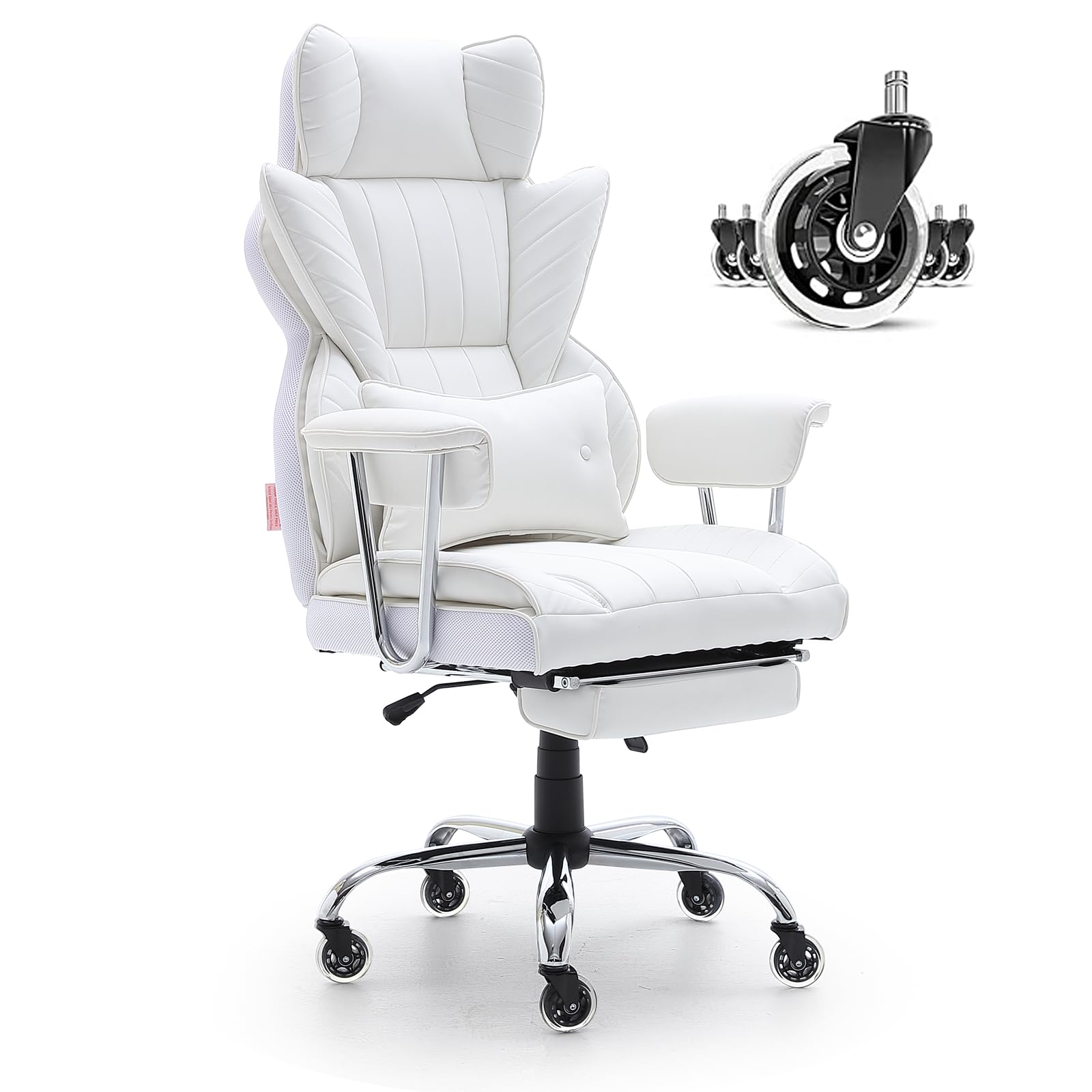 VEVOR Ergonomic Reclining Office Chair with Footrest - Heavy Duty PU Leather Executive Chair for Big & Tall - Adjustable Lumbar Support & Quiet Rolling Wheels - Perfect for Home Office, Gaming & Workspaces (White)