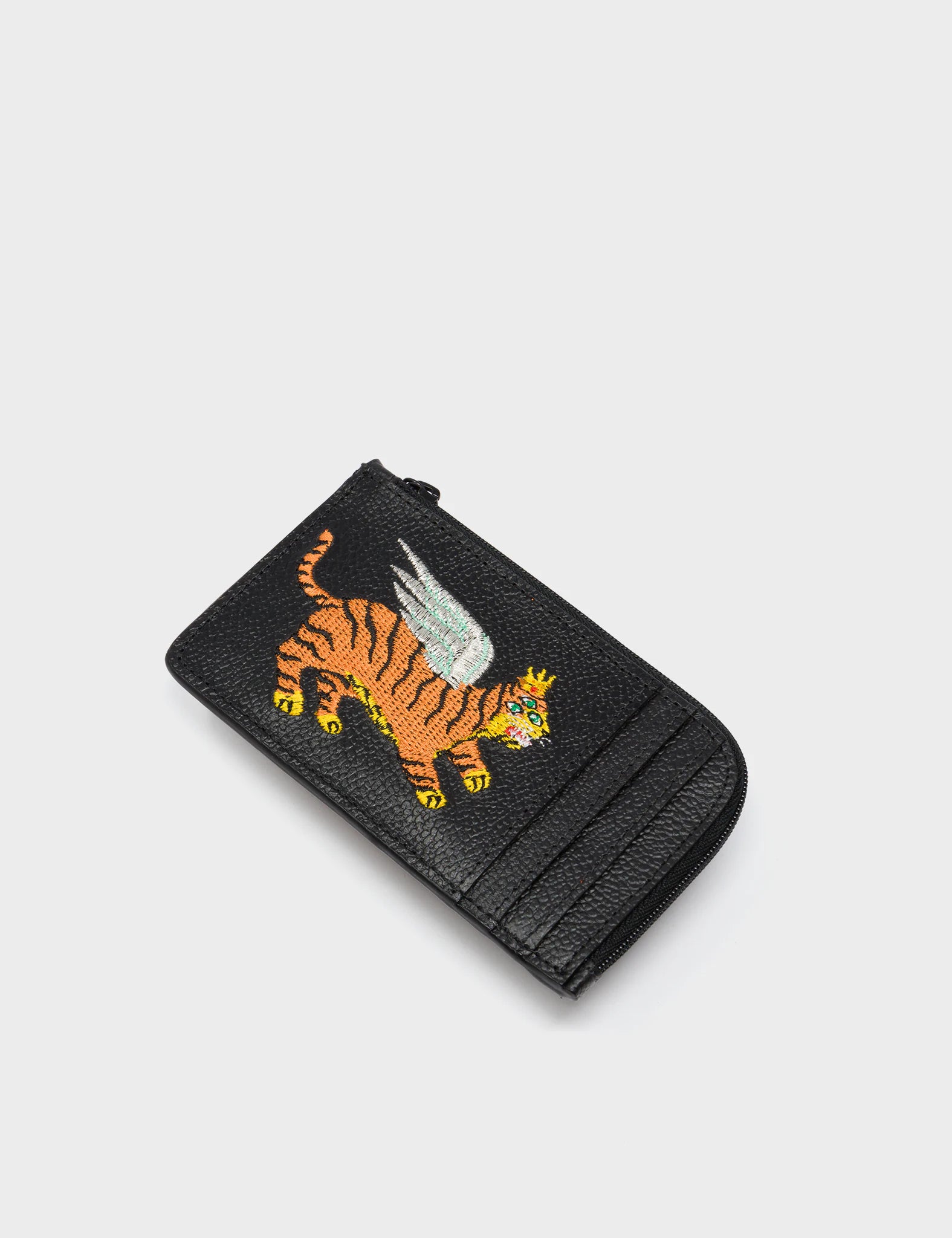 Fausto Black Leather Zip Around Cardholder with Flying Tiger Embroidery - Slim RFID Blocking Wallet for Men - Perfect for Travel, Business & Everyday Use