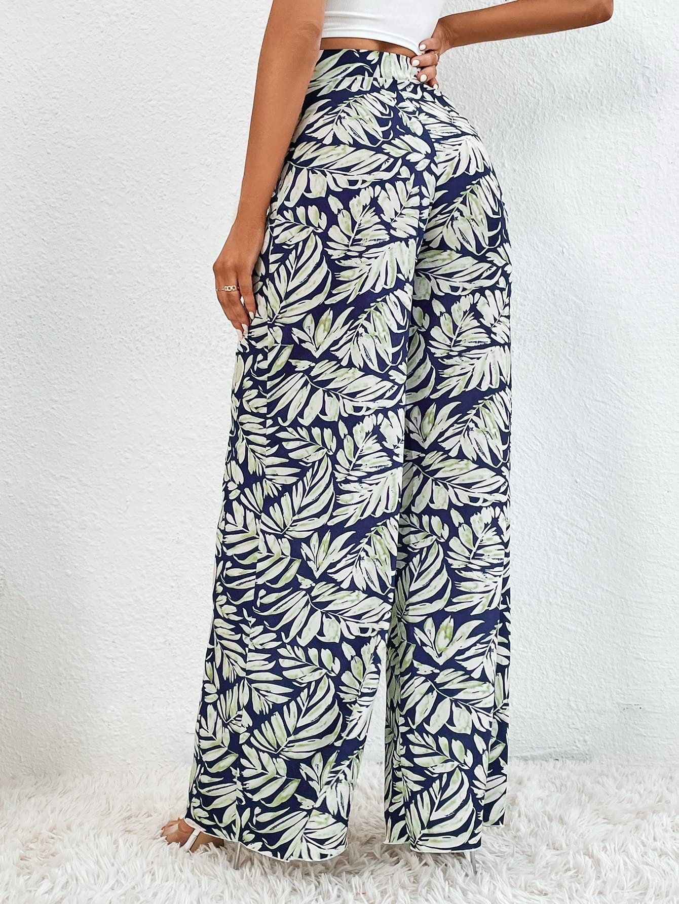 WDIRARA Women's High Waisted Wide Leg Pants - Stretchy Elastic Waistband, Flowy Loose Fit, Tropical Floral Print - Perfect for Beach Vacations, Summer Outfits & Casual Wear