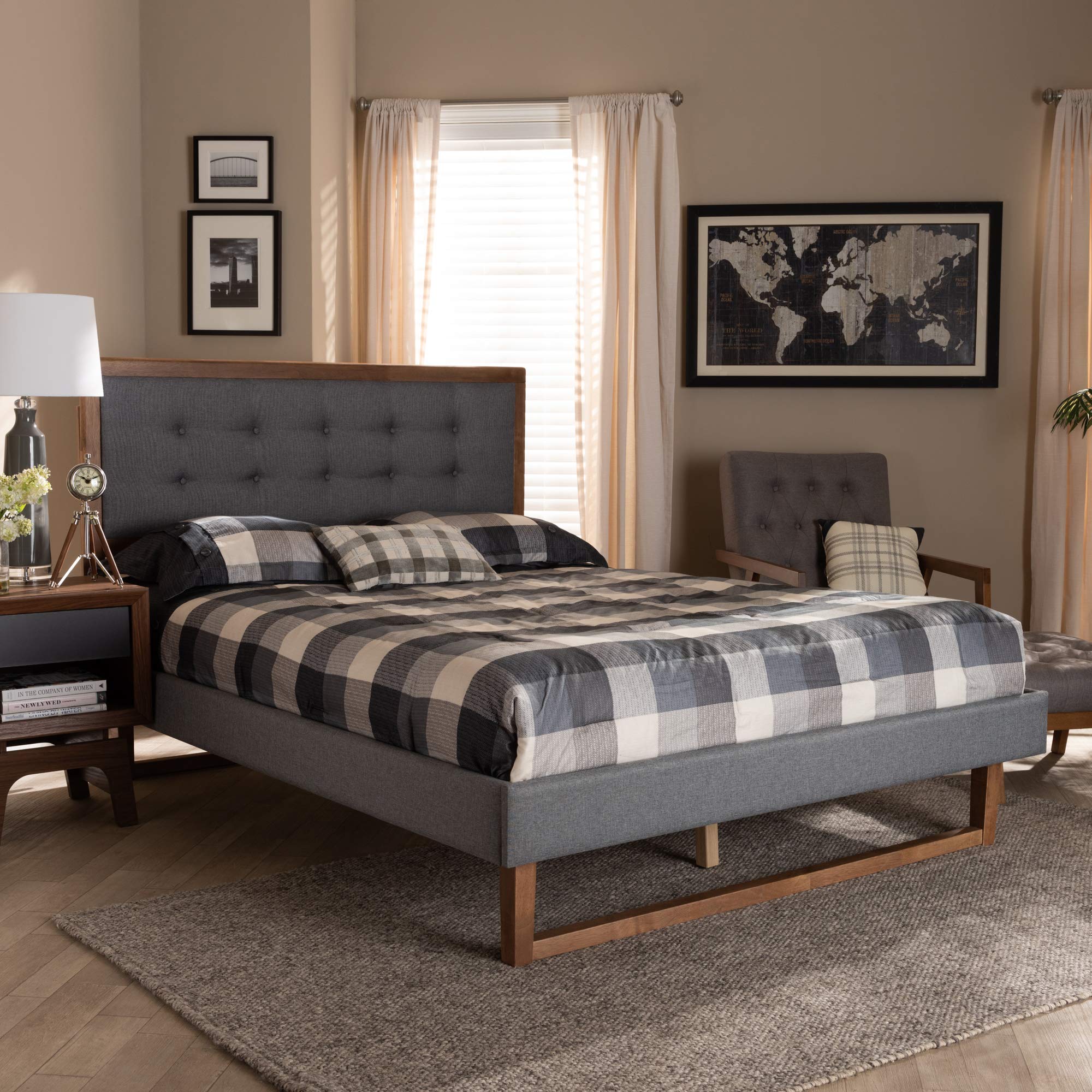Baxton Studio Full Size Platform Bed Frame - Dark Grey/Ash Walnut Finish - Modern Minimalist Bedroom Furniture for Small Spaces & Apartments