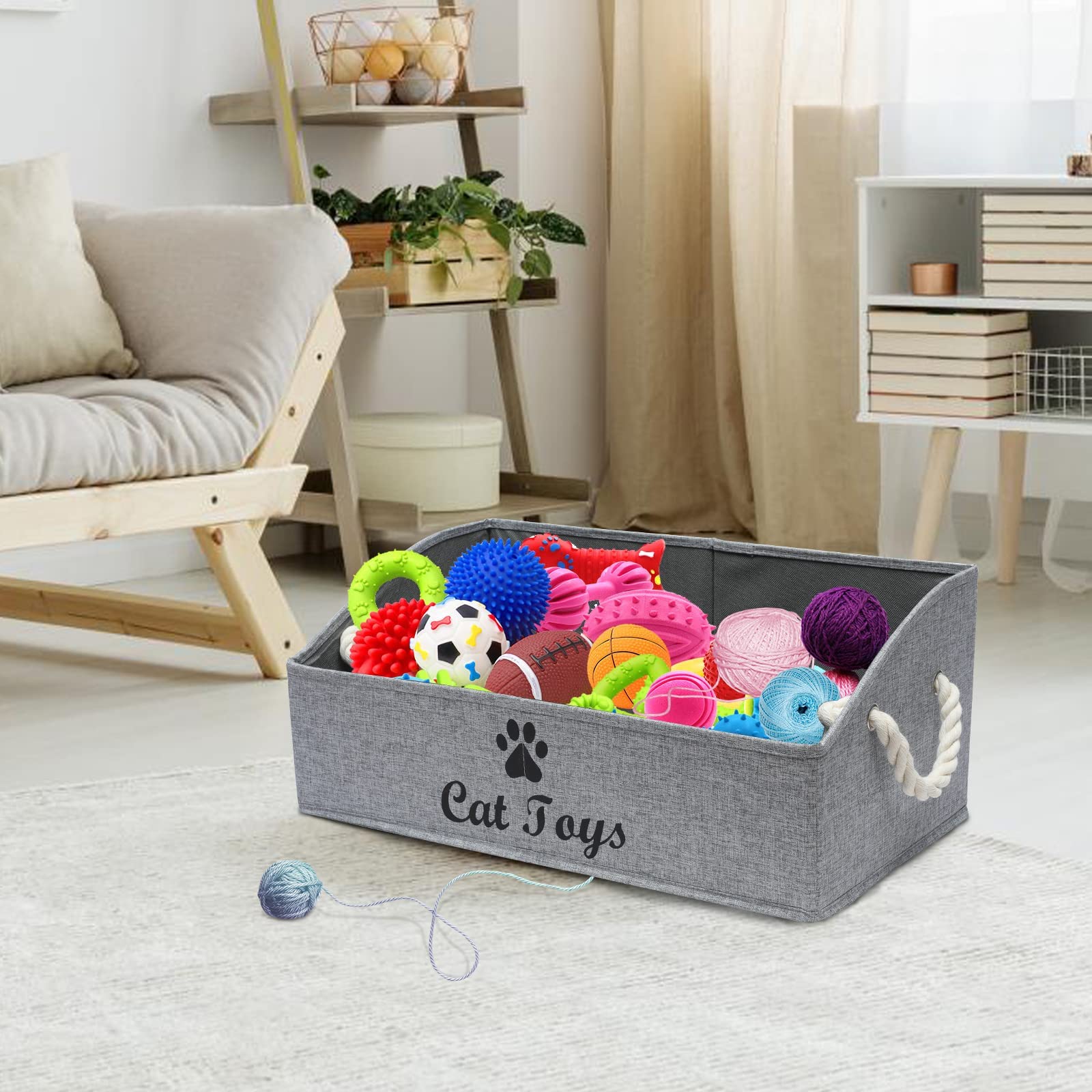 Large Cat Toy Storage Bin - Collapsible Shallow Basket for Living Room, Playroom & Closet Organization - Snow Gray Rectangle Cat Toy Box | Perfect for Pet Toys, Home Decor & Kids Room Storage