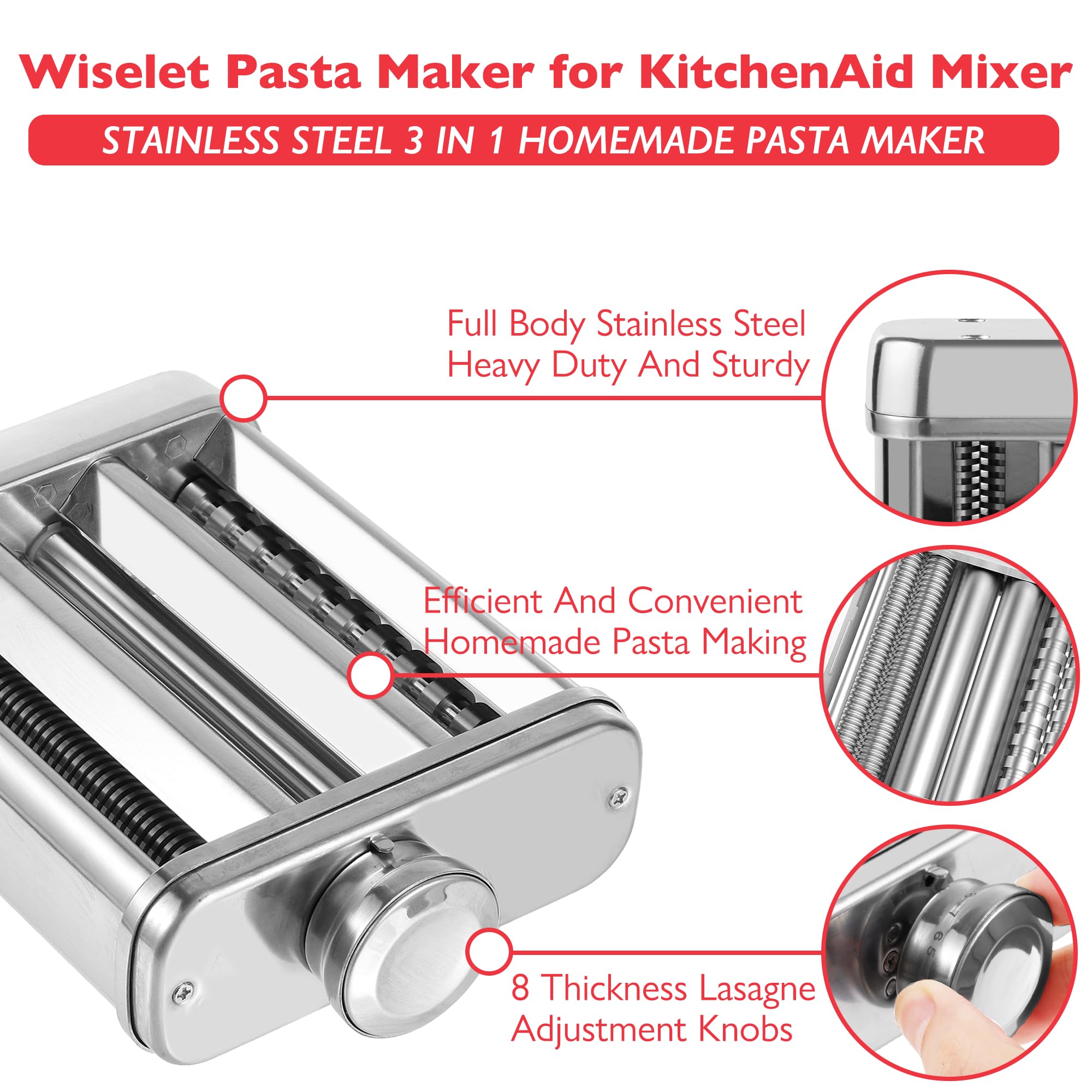 Premium Stainless Steel 3-in-1 Pasta Maker Attachment for KitchenAid Stand Mixer - Includes Pasta Sheet Roller, Spaghetti & Fettucine Cutter - Heavy Duty Durable Pasta Press for Homemade Italian Pasta, Perfect for Family Dinners & Restaurant-Style Meals