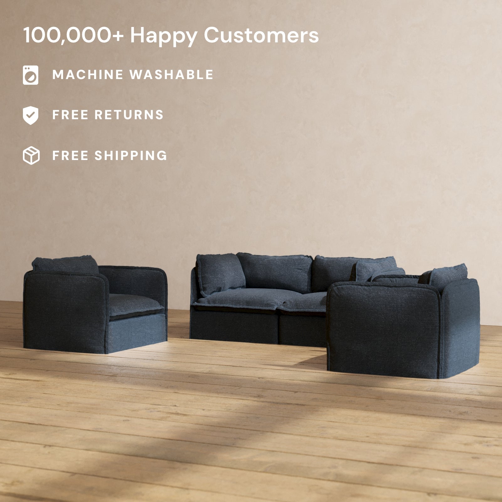 Modular Performance 2 Seater Sofa with Armchair Set in Indigo Blue | Modern Living Room Furniture for Small Spaces | Perfect for Apartments, Studios & Cozy Home Decor
