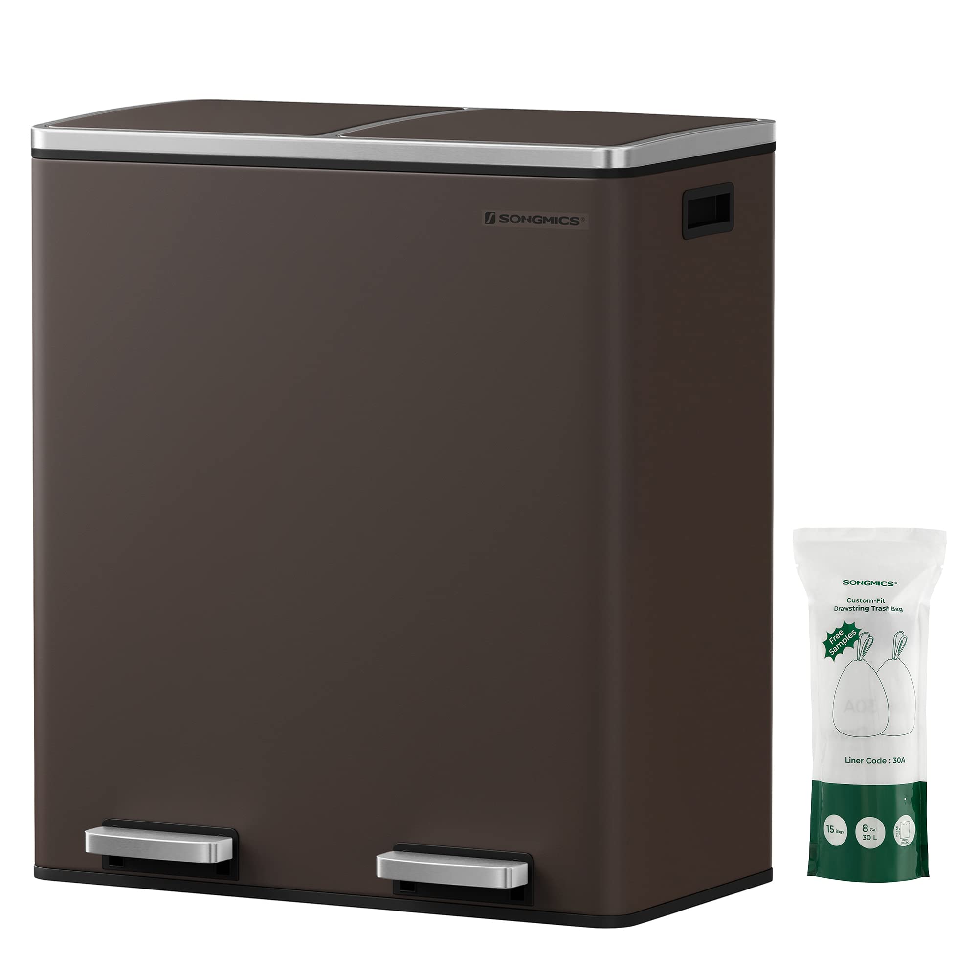 SONGMICS 8 Gallon (30L) Dual Compartment Trash Can with Hinged Lids - Airtight Kitchen Garbage Bin Includes 15 Trash Bags & Plastic Inner Buckets - Brown ULTB60BR for Home, Office, and Restaurant Use