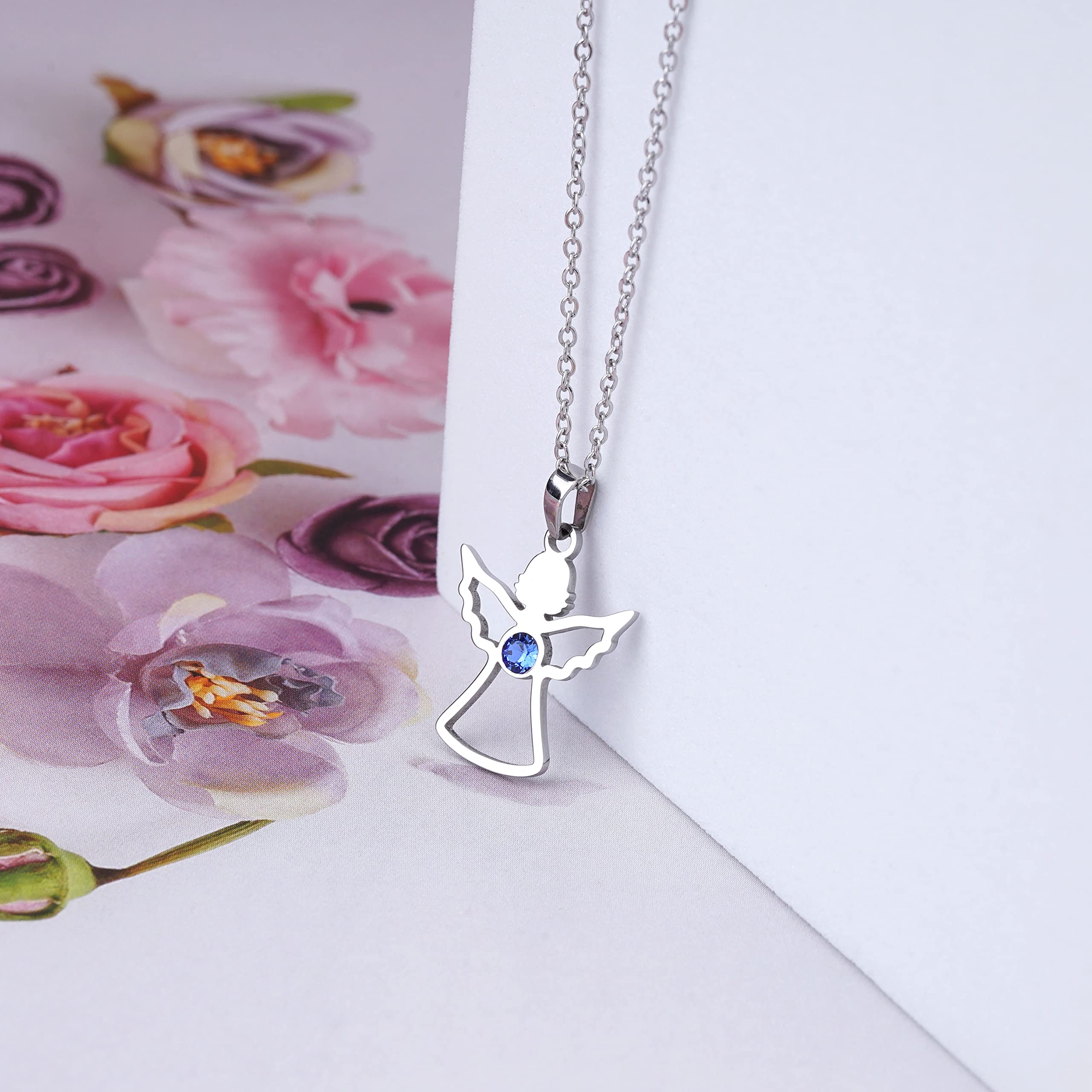 Angel Necklace with Birthstone for Women - Stainless Steel Guardian Wing Pendant Jewelry for Girls - Birthday, Christmas & Graduation Gift - Perfect for Everyday Wear, Special Occasions & Spiritual Protection