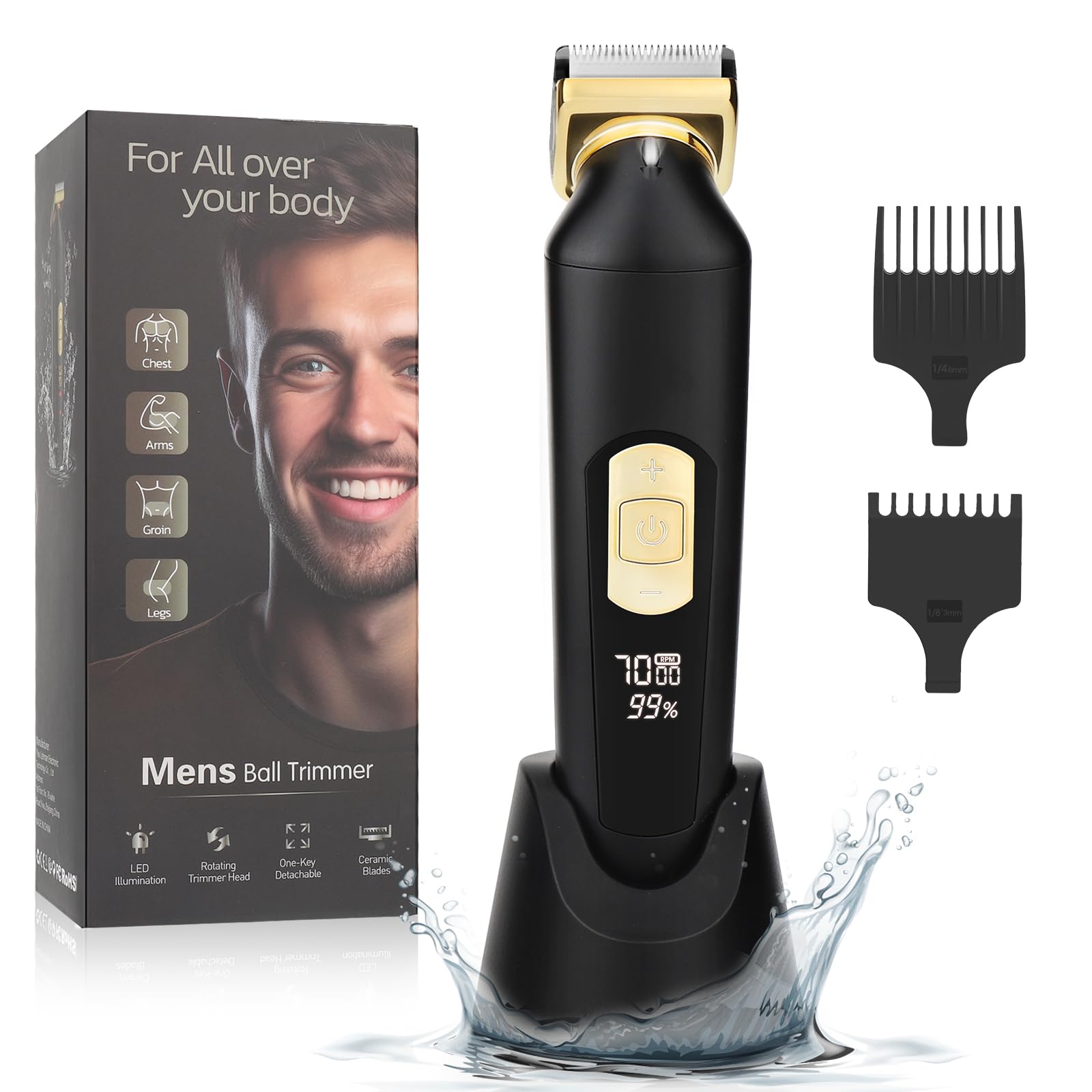 Lanumi Electric Body Hair Trimmer for Men - Wet/Dry Groin Groomer & Ball Trimmer with LCD Display & Rechargeable Dock - Perfect for Pubic, Underarm & Body Grooming at Home or Travel