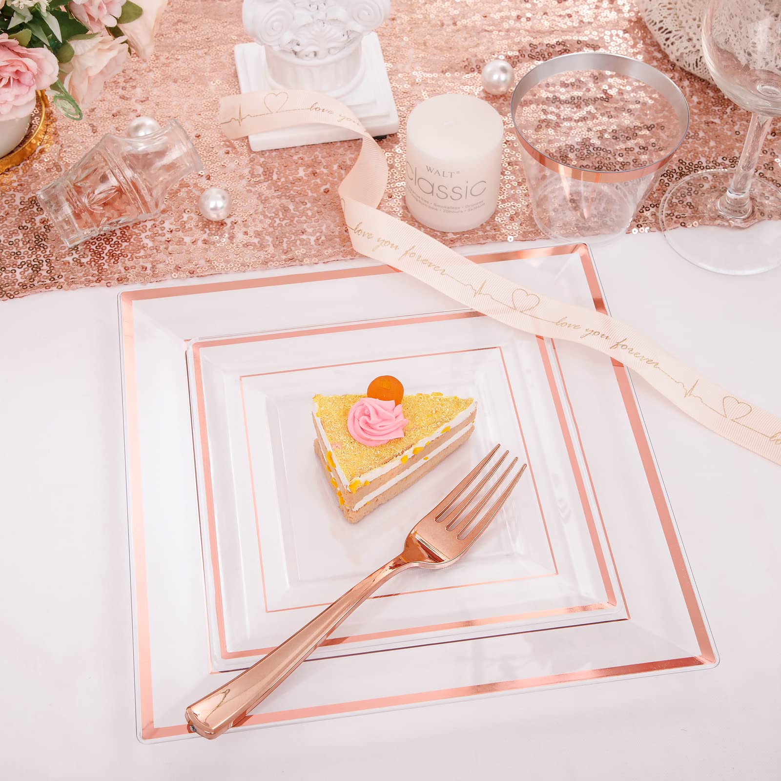 WELLIFE 150-Piece Rose Gold Disposable Plastic Dinnerware Set - 25 Square Dinner Plates, 25 Dessert Plates, 25 Cups, 25 Forks, 25 Knives, 25 Spoons - Elegant Party Tableware for Weddings, Birthdays & Events
