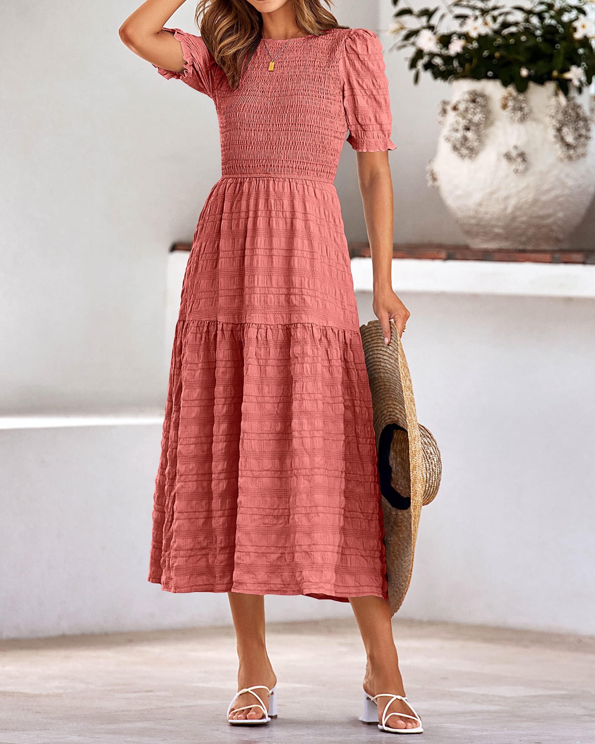 Dowerme Women's Summer Dresses 2025 - Casual Puff Short Sleeve Crewneck Smocked Flowy Ruffle Boho Maxi Sundress for Beach, Party & Vacation Wear