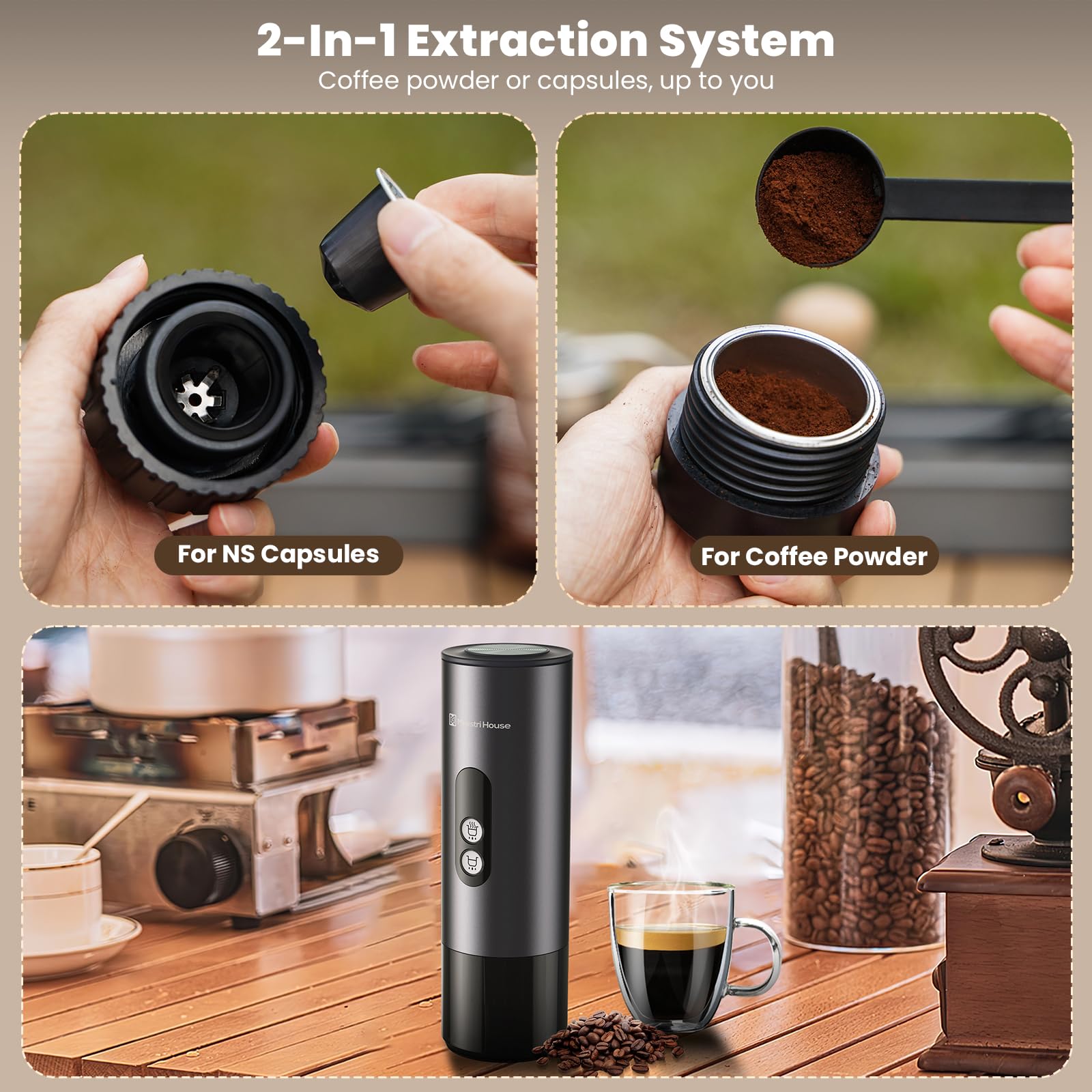 Maestri House 150W Portable Espresso Machine - Fast 2-3 Minute Self-Heating, Compatible with NS Capsules & Ground Coffee, Includes Travel Cup Holder - Perfect for Car Camping, RV Trips, Hiking & Outdoor Adventures