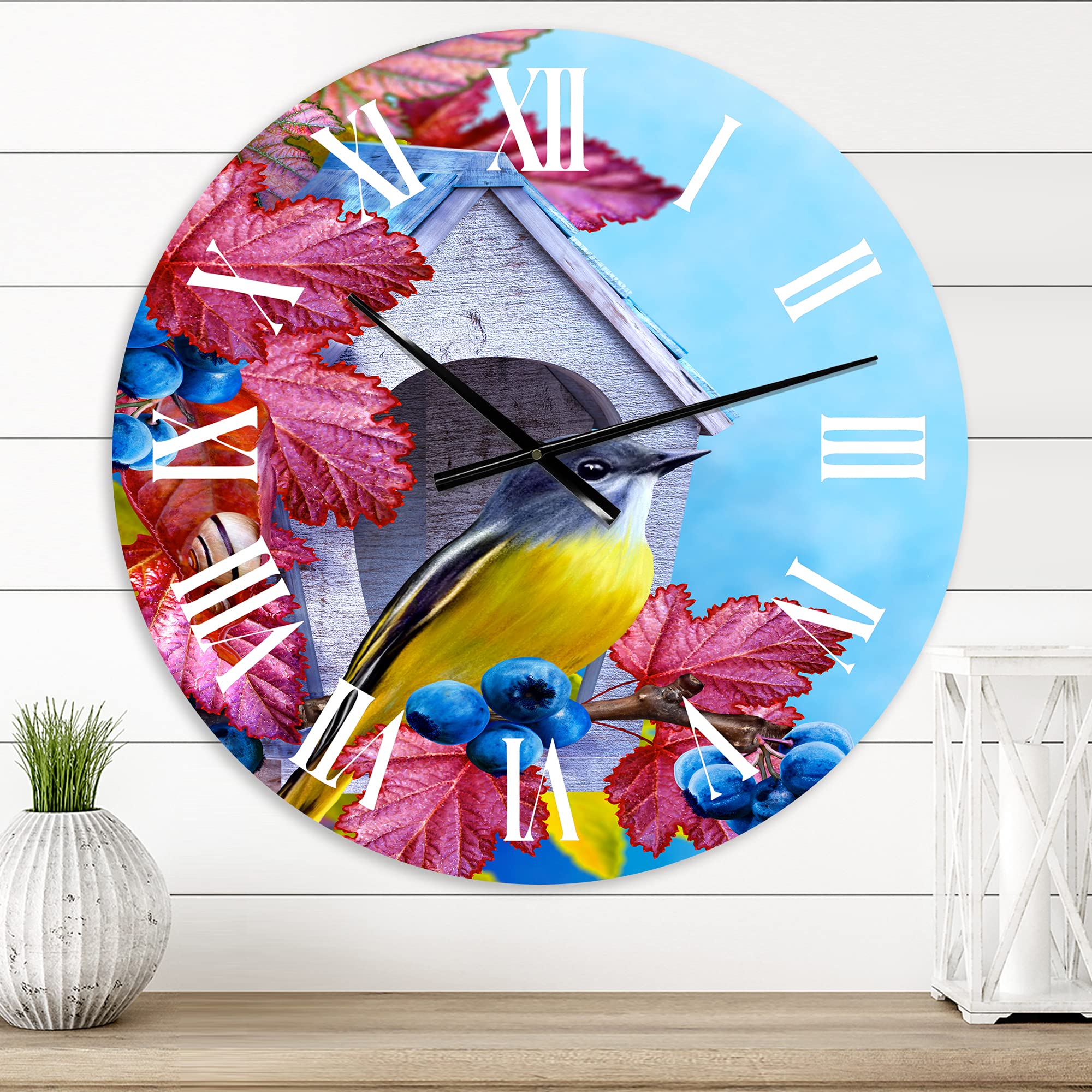 DesignQ Traditional Wall Clock - Titmouse Bird on Branch Near Birdhouse, Large Decorative Clock for Living Room, Bedroom & Office