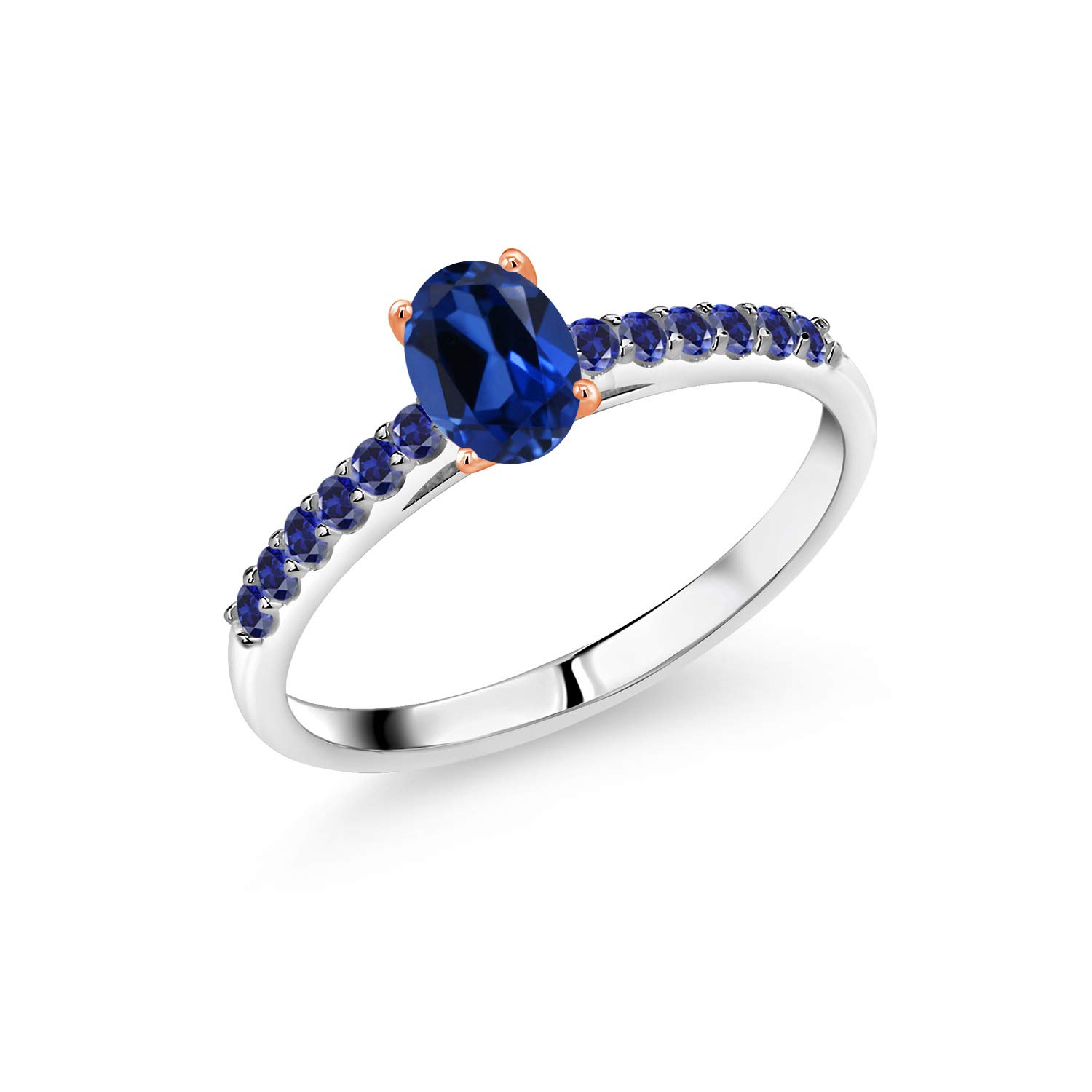 925 Sterling Silver Ring with 10K Rose Gold Prongs & 0.84 Ct Blue Created Sapphire - Elegant Gemstone Jewelry for Women | Perfect for Engagement, Wedding, Anniversary Gifts & Everyday Wear
