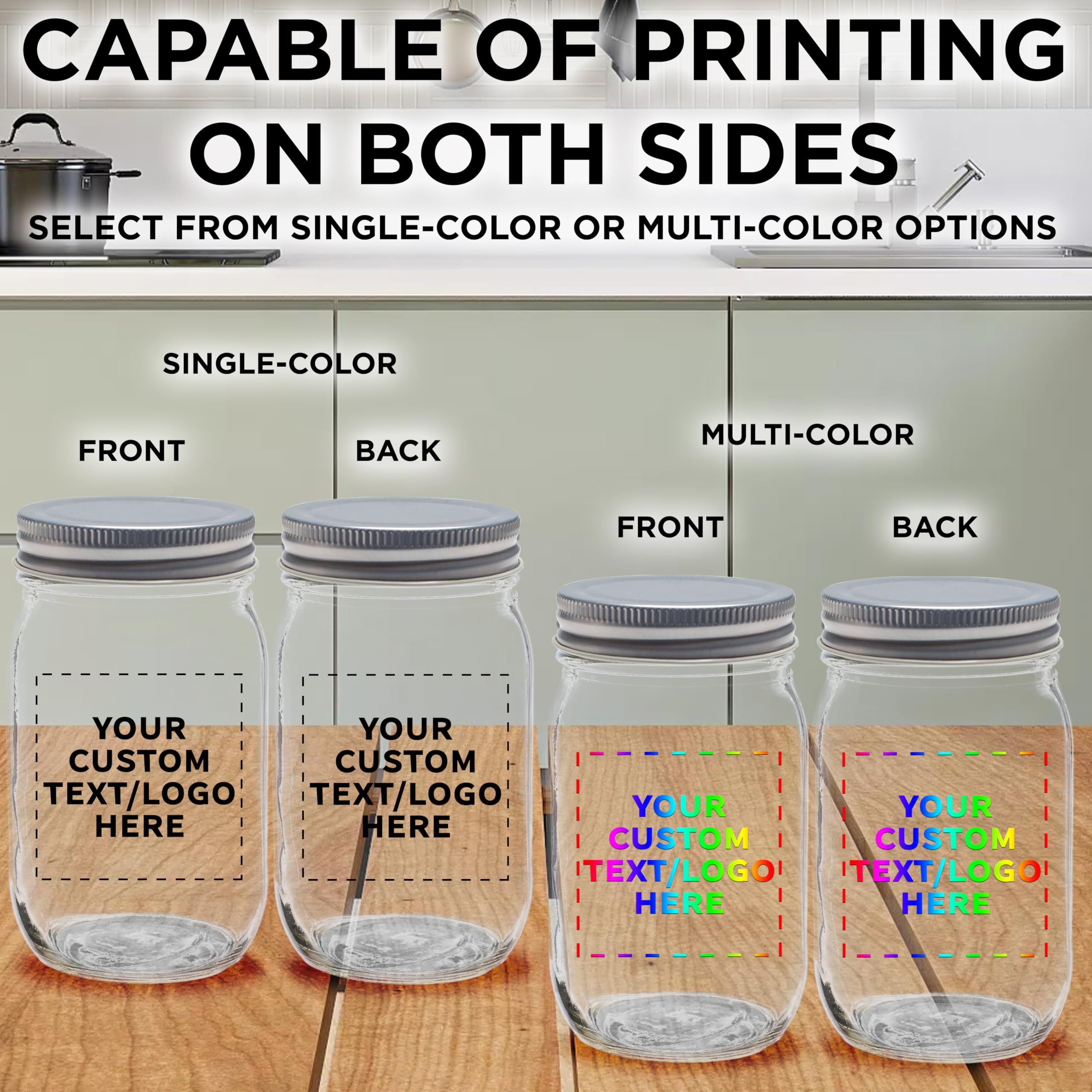 Custom 16 oz Mason Jars with Lids - Bulk Pack of 50 Glass Jars for Overnight Oats, Candies, Pickles & Spices - Personalized Clear Storage Containers - Perfect for Meal Prep, DIY Gifts & Pantry Organization