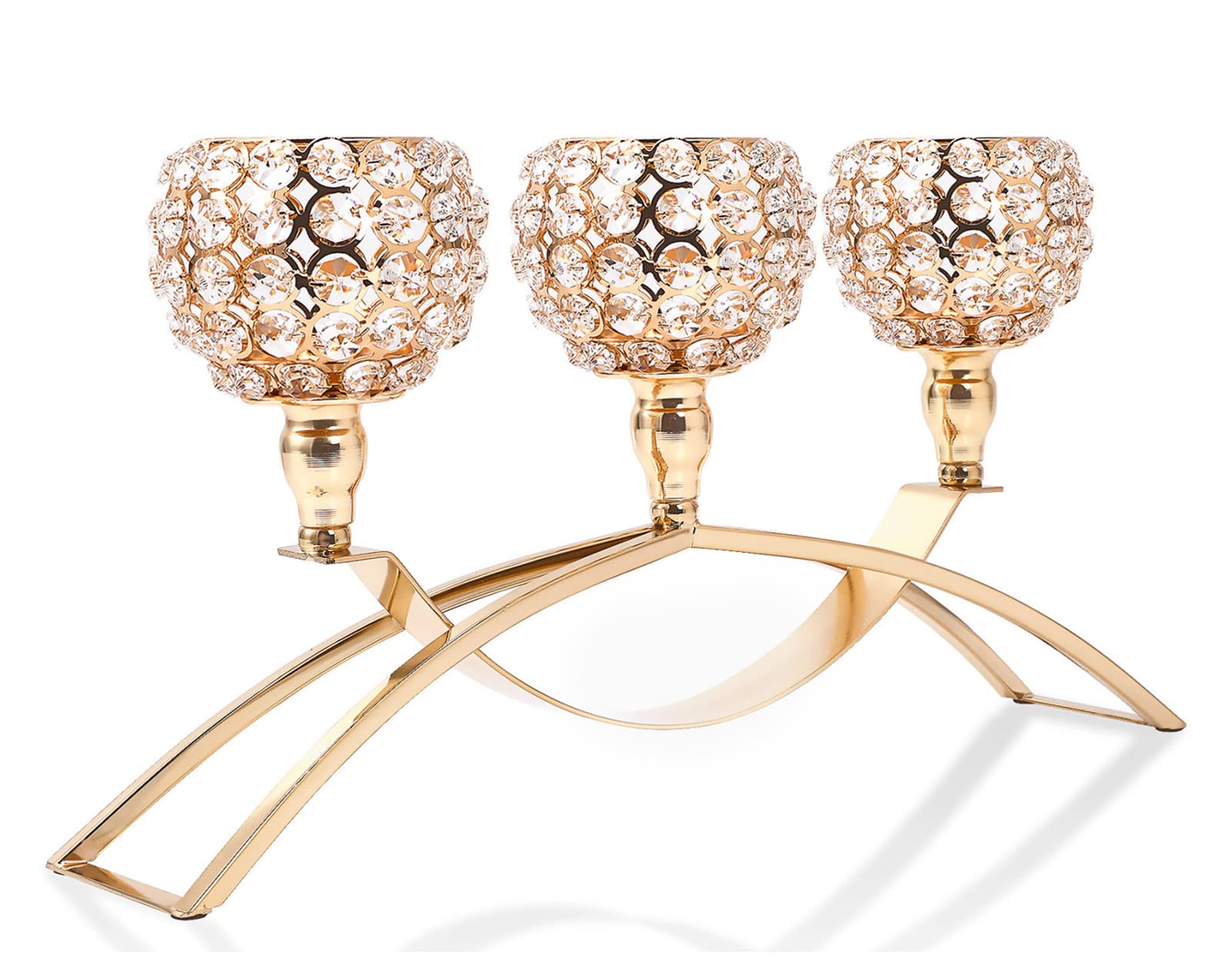 Gold Crystal Beaded 3-Arm Candelabra Candle Holder - Elegant Hurricane Tea Light Centerpiece for Wedding, Dining Table, Coffee Table Decor - Perfect Living Room & Dinner Table Decoration - Thoughtful Gift for Women, Wife, Mom - Ideal for Romantic Dinners, Holiday Decor & Special Occasions