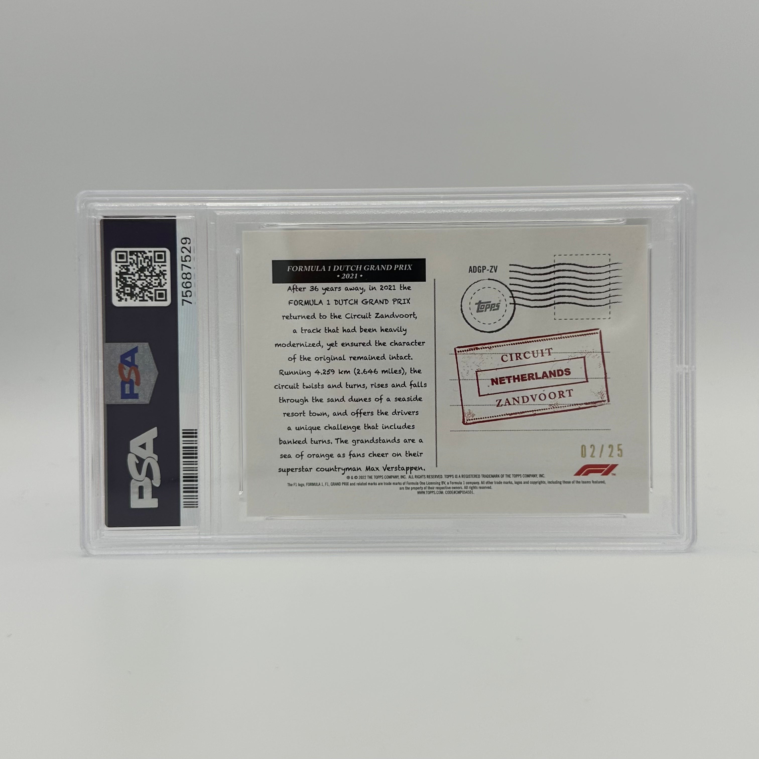 PSA 9 Graded 02/25 ART DU GRAND PRIX #ADGPZV Dutch Grand Prix 2021 Orange F1 Racing Collectible - Perfect for Motorsport Fans & Memorabilia Display