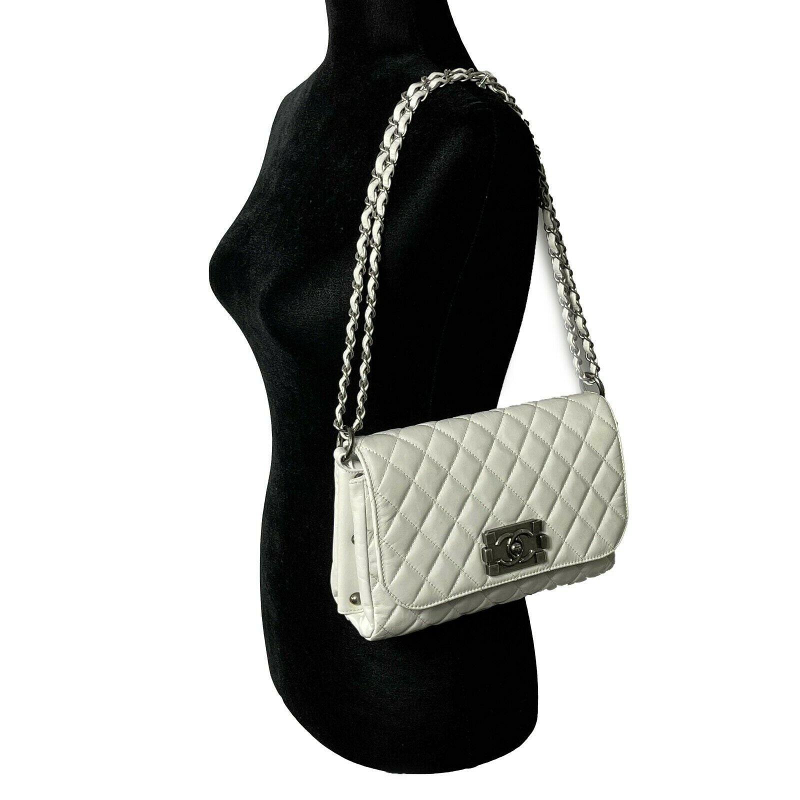 CHANEL White & Aged Silver CC Quilted Medium Leather Flap Crossbody Shoulder Bag - Luxury Designer Handbag for Women, Perfect for Parties, Date Nights & Special Occasions