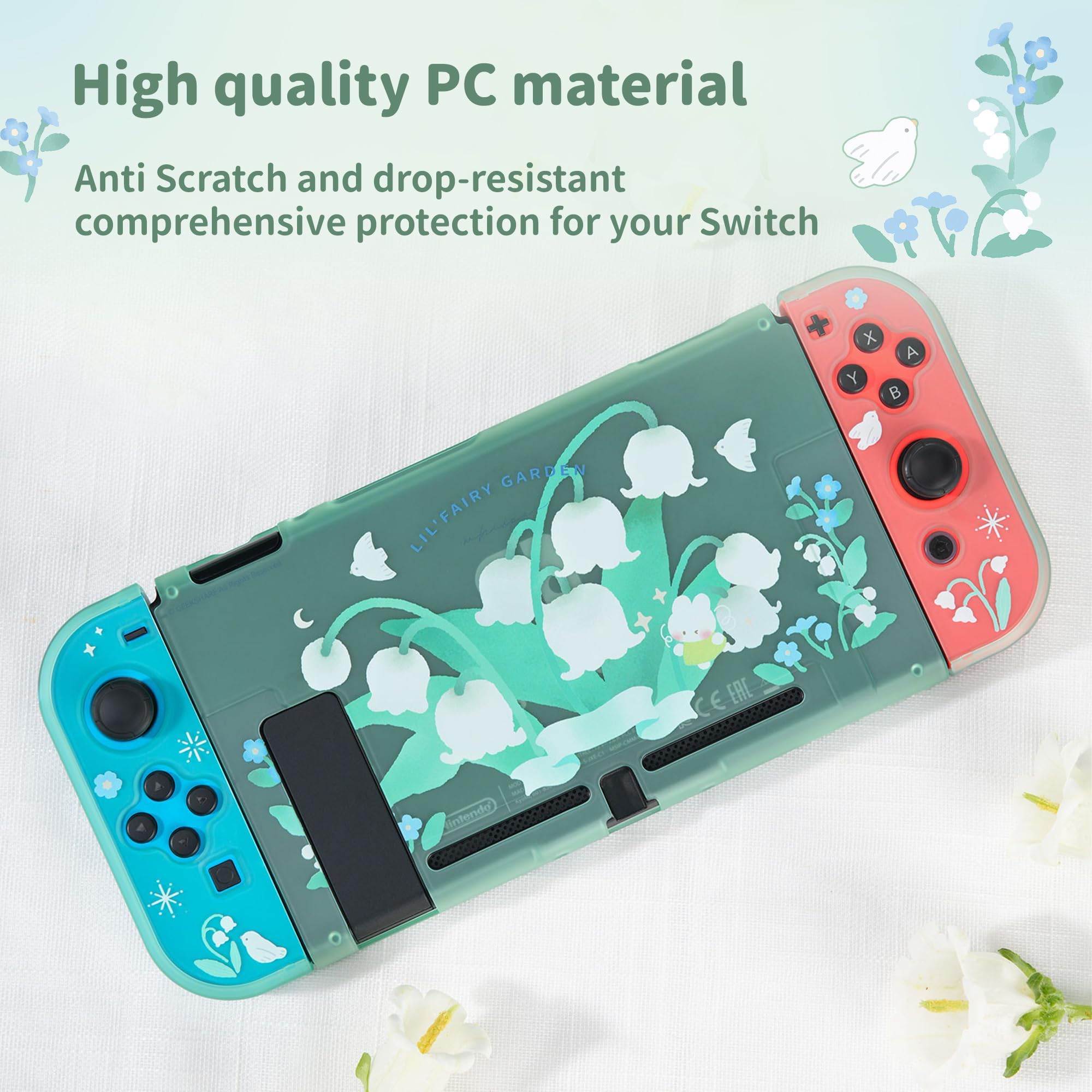 GeekShare Kawaii Nintendo Switch Protective Case - Hard PC Shell Compatible with Standard & Switch Slim - Lily of The Valley Design | Perfect for Gaming, Travel & Everyday Protection
