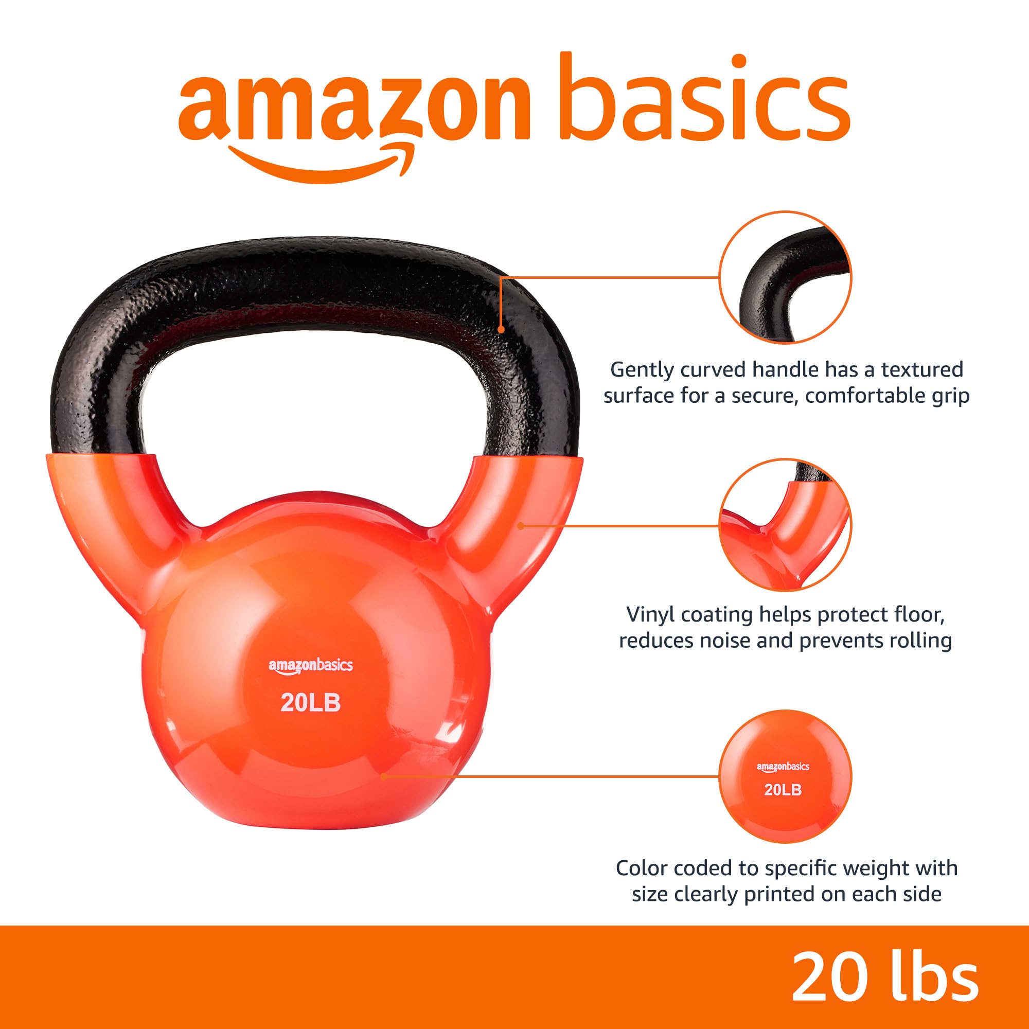 Amazon Basics Vinyl Kettlebell - 8-40 lbs Weight Options for Home Gym, Strength Training & CrossFit Workouts | Durable Cast Iron with Coated Handle for Comfort & Grip | Perfect for HIIT, Functional Fitness & Full-Body Exercises
