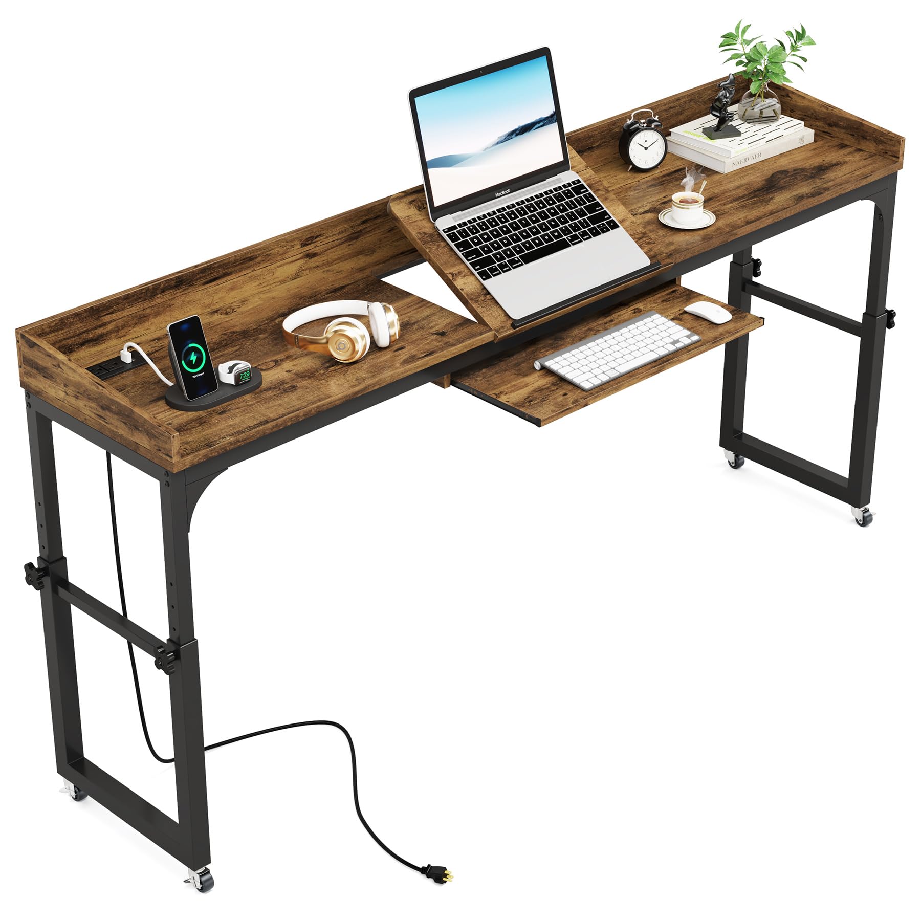 Tribesigns Adjustable Overbed Table with Wheels - Queen Size Mobile Laptop Desk with Tilt Stand, USB Ports & Power Outlets - Perfect for Hospital Beds, Home Office & Bedroom Workspace (Rustic Brown)