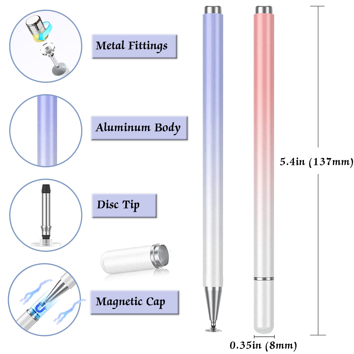 2 Pack High Precision Magnetic Disc Stylus Pen for iPad, iPhone, Android & Microsoft Tablets - Universal Touch Screen Stylus for Drawing, Note Taking & All Capacitive Screens