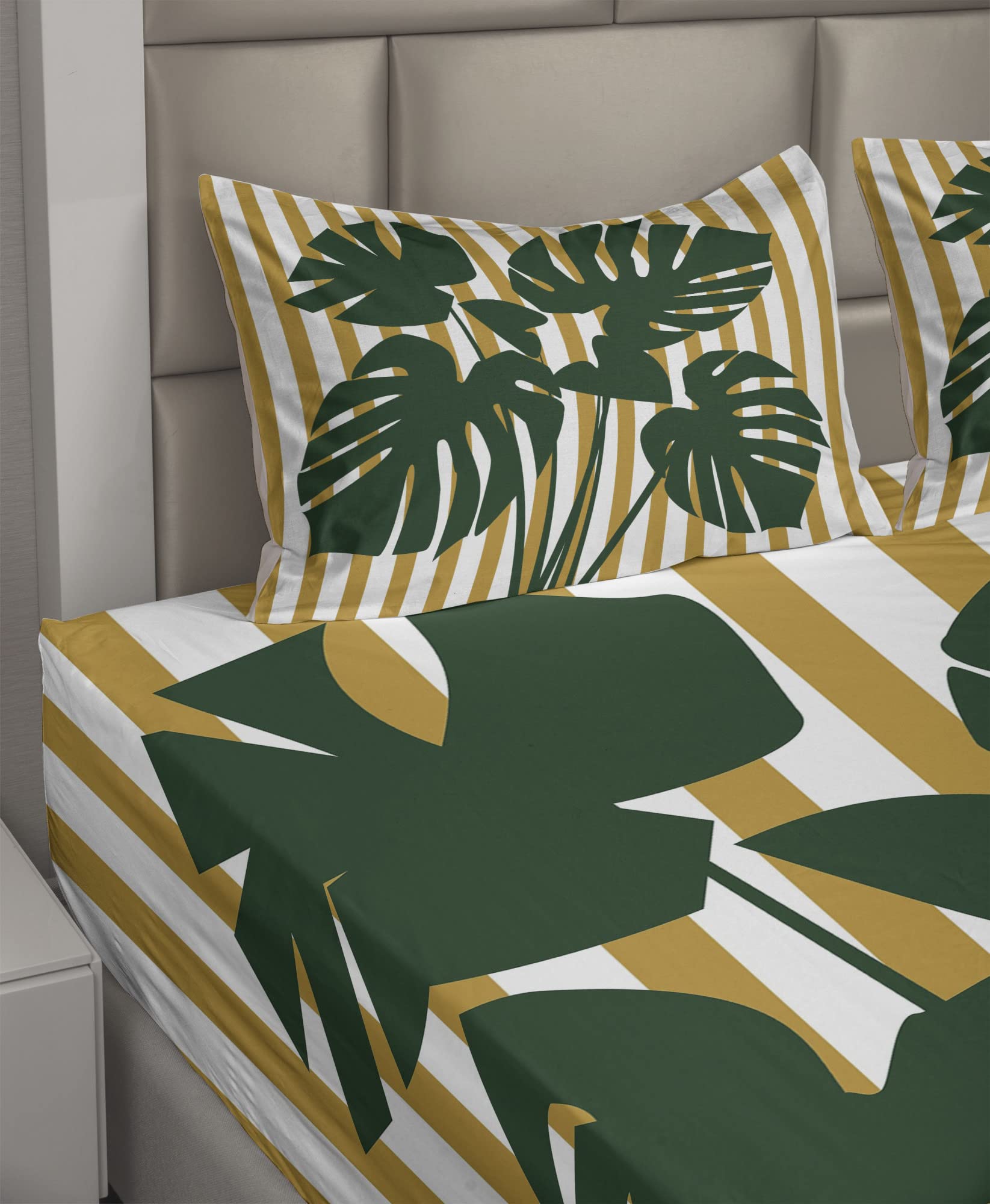 Ambesonne 4-Piece King Size Tropical Bedding Set - Hawaiian Monstera Leaves & Vertical Stripes Design, Fitted Sheet, Flat Sheet & 2 Pillowcases - Pale Coffee & Hunter Green - Perfect for Beach House, Tropical Themed Bedrooms & Vacation Home Decor