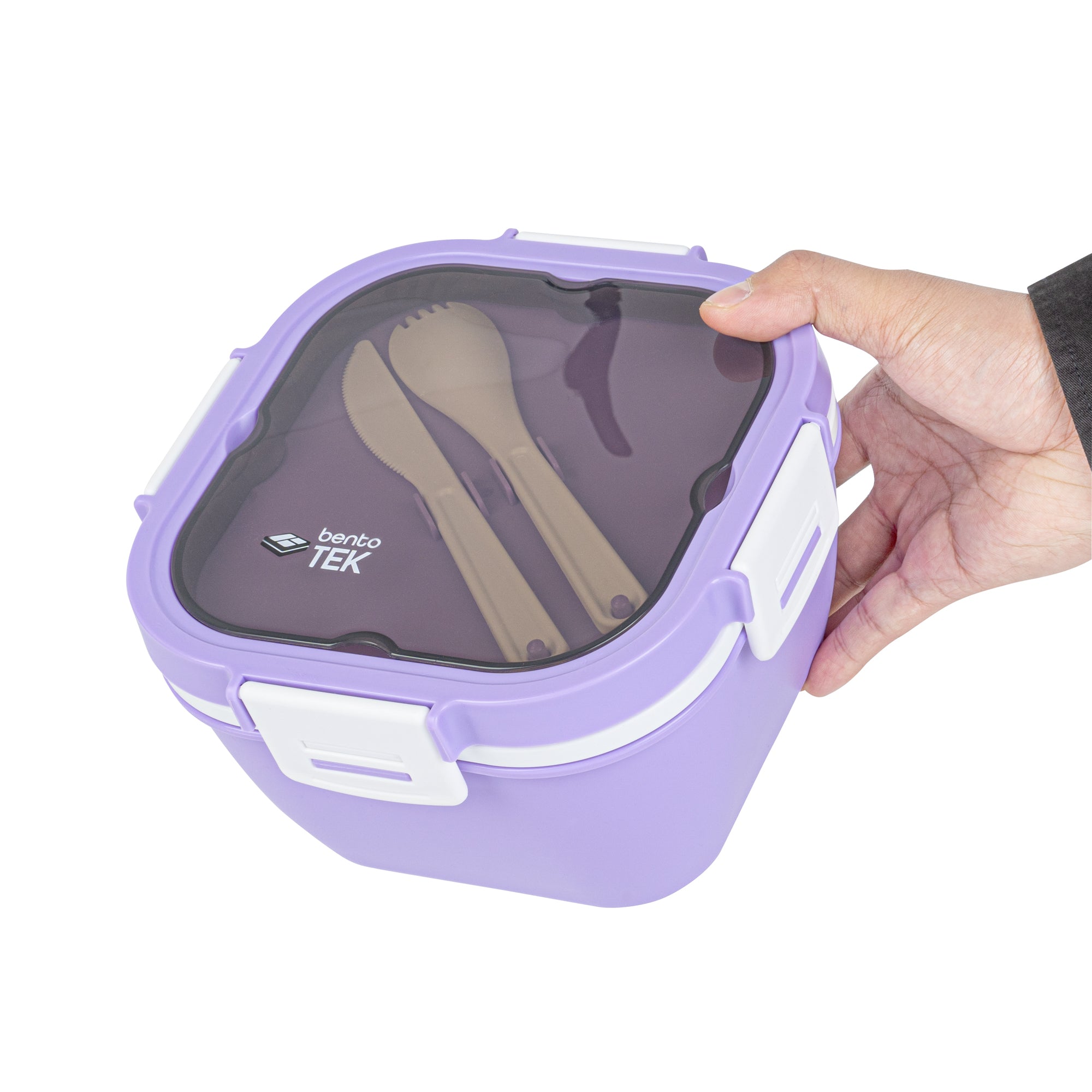 Bento Tek 58 oz Purple and White BPA Free Lunch Box with Fork & Knife - Microwave Safe, 7.25