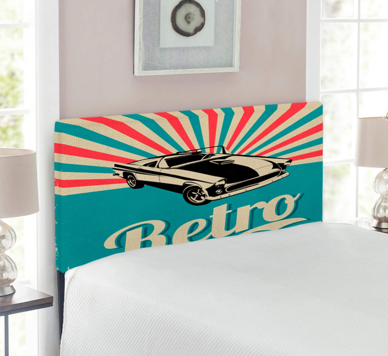 Ambesonne Vintage Cars Headboard - Classic American Car Design on Retro Striped Background, Upholstered Metal Bed Headboard with Memory Foam for Twin Size Bed (Sky Blue, Hot Pink, Black) - Perfect for Kids' Room, Teen Bedroom & Retro-Themed Home Decor