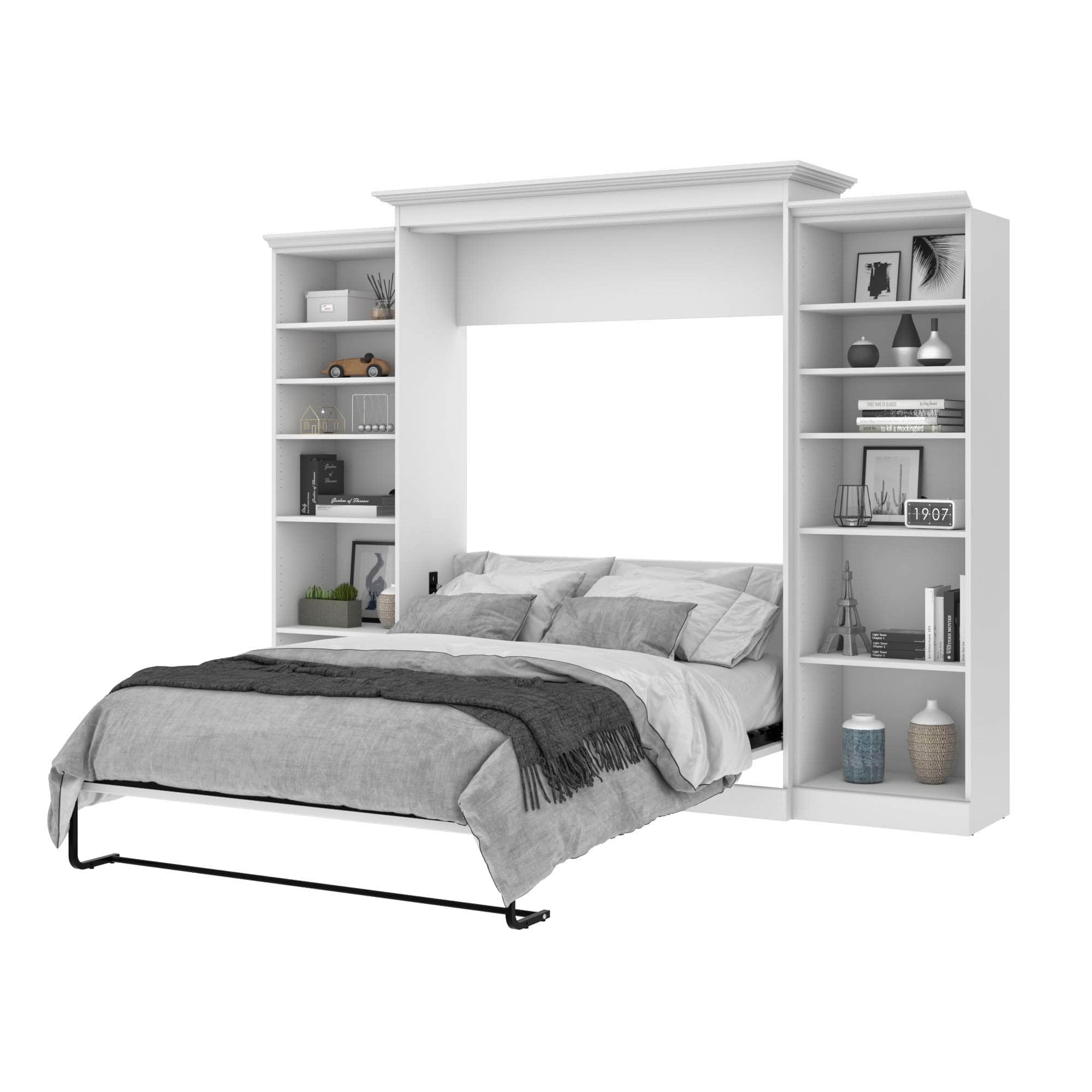 Versatile Queen Murphy Wall Bed with 2 Built-in Storage Units (115 Inch) - Space Saving White Foldable Bed for Small Apartments & Guest Rooms