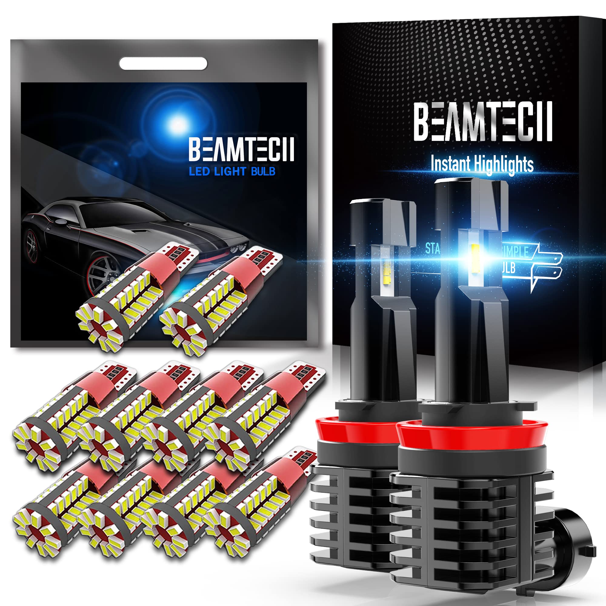 BEAMTECH H11 LED Headlight Bulbs + 194 LED Bulb Combo Pack - Super Bright 6000K White Light, CANBUS Ready, Plug and Play Installation - Perfect for Cars, Trucks, SUVs, Motorcycles, and Off-Road Vehicles