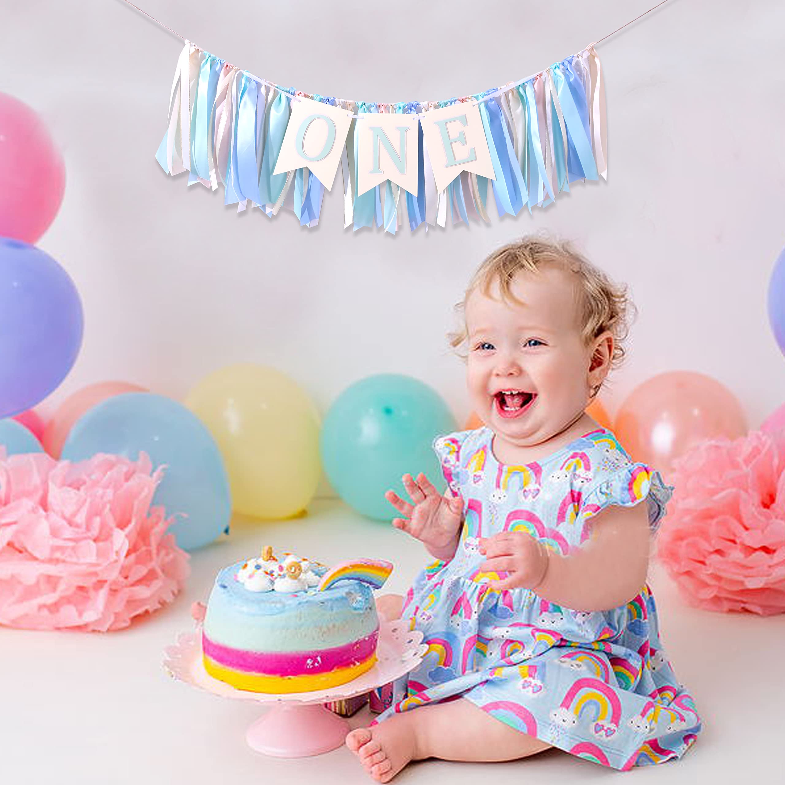 Blue and Green 1st Birthday Banner - Highchair Decoration for Baby Boy's First Birthday Party | Greenery Theme Photo Props & Kids Party Decor | Perfect for Cake Smash, Highchair Photos & Nursery Decor