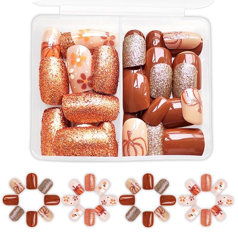 48Pcs Halloween Press on Nails Short Square Glitter Fake Nails - Cute Pumpkin Ghost Flower Acrylic Full Cover Stick on Nails - Reusable with Glue - Perfect for Women's Halloween Nail Art, Parties, Costume Events & Fall Festivals
