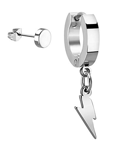 Dangling Thunderbolt Large Huggie Hoop & Illusion Plug Stud Earrings - Silver Tone Stainless Steel Earrings for Women | Perfect for Parties, Date Nights & Everyday Wear